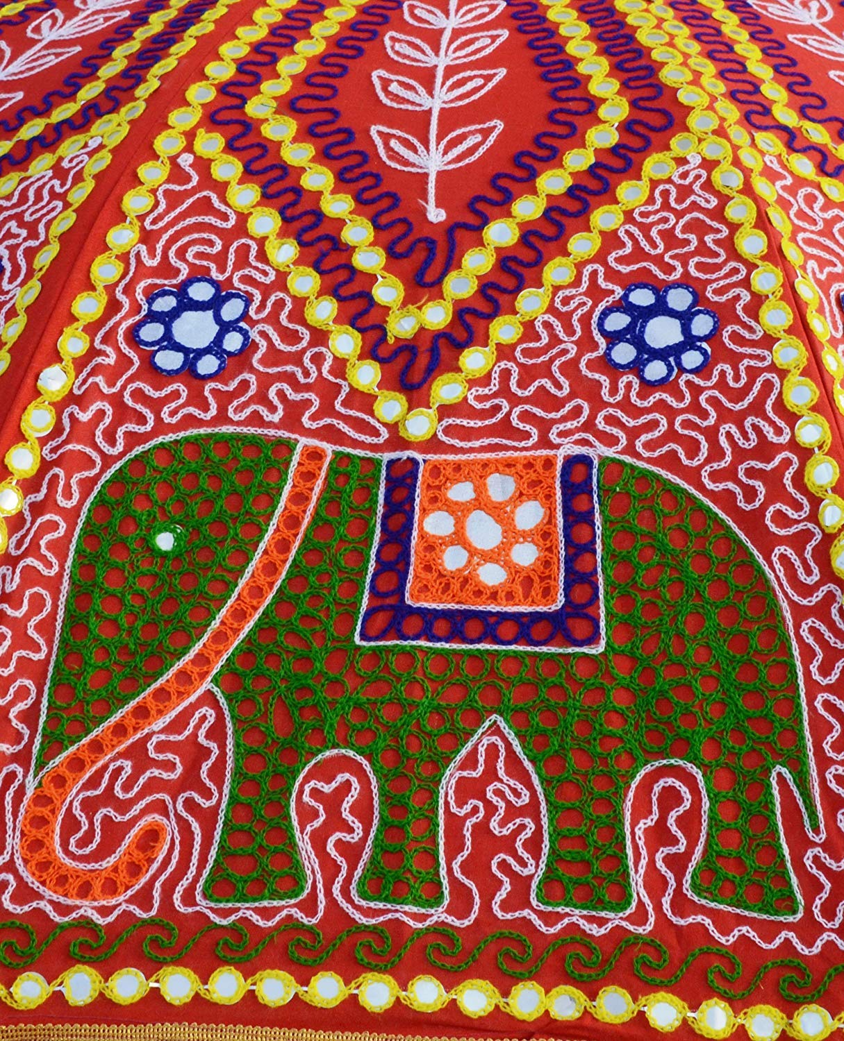 Handmade Mirror Work Large Garden Sun Umbrella - Indian Peacock Design Patio Umbrella for Beach, Cafe & Outdoor Shade - Cotton Canopy Parasol (Red Elephant) - Perfect for Backyard, Poolside & Restaurant Outdoor Seating