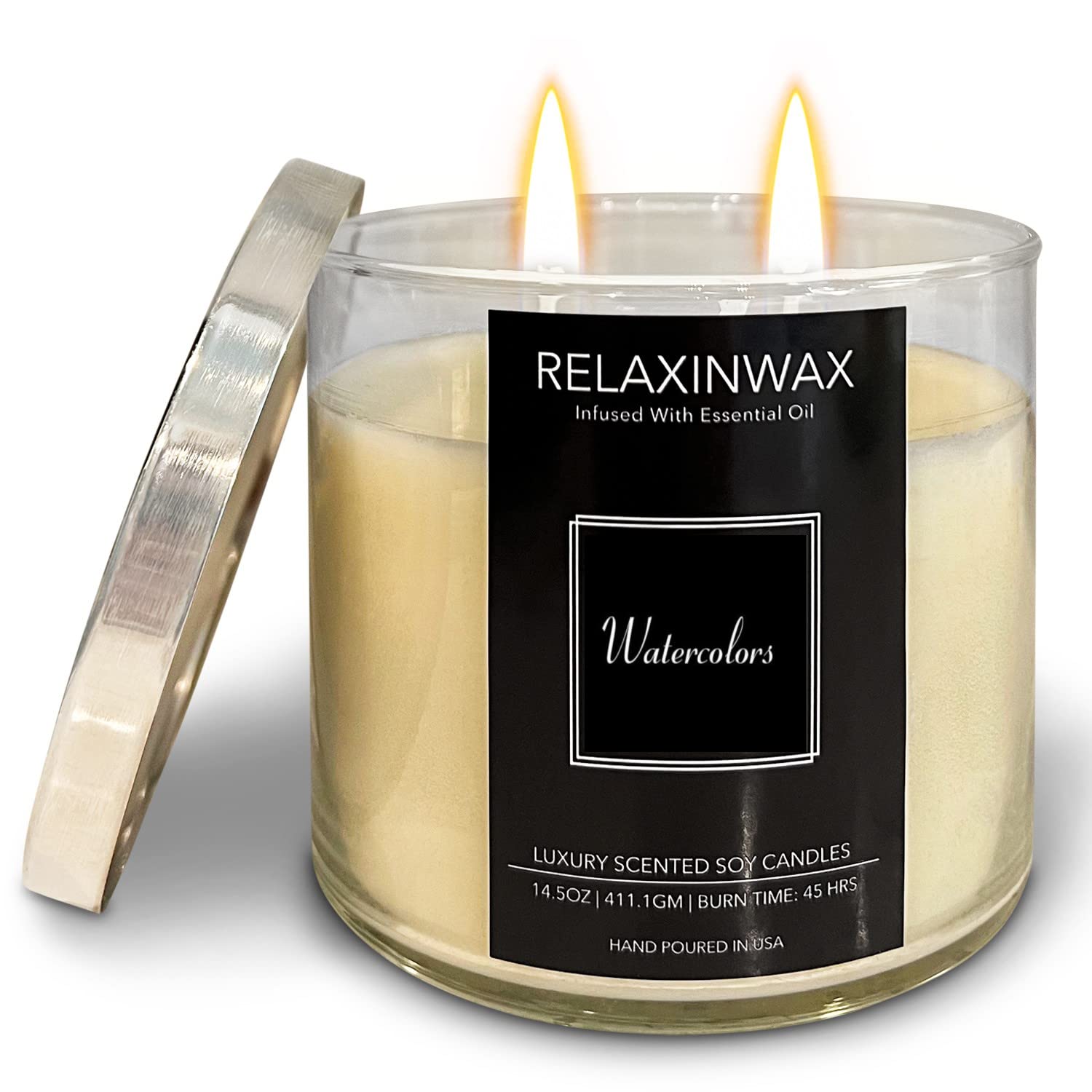 Relaxinwax 3-Wick Scented Soy Candle with Essential Oils - 14.5 oz Watercolors Luxury Collection | Highly Fragrant, Long-Lasting Aromatherapy Candle for Home, Spa & Relaxation | White Decorative Candle for Bedroom, Bathroom & Gifts