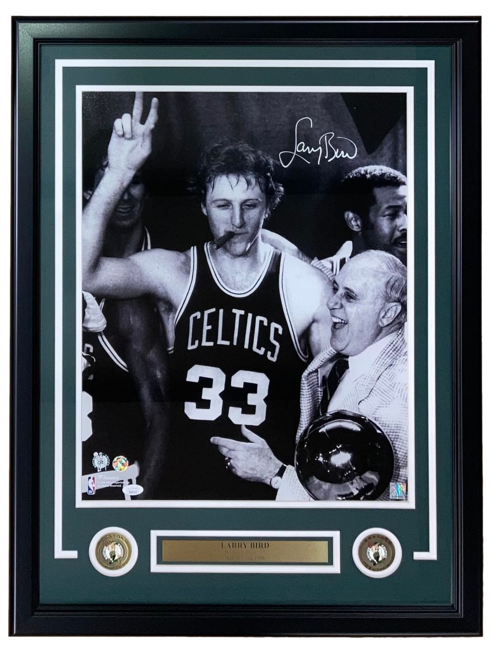 Larry Bird Autographed White Framed 16x20 Boston Celtics Photo with Red Auerbach & JSA Certificate – Perfect for Sports Memorabilia Collectors and Celtics Fans