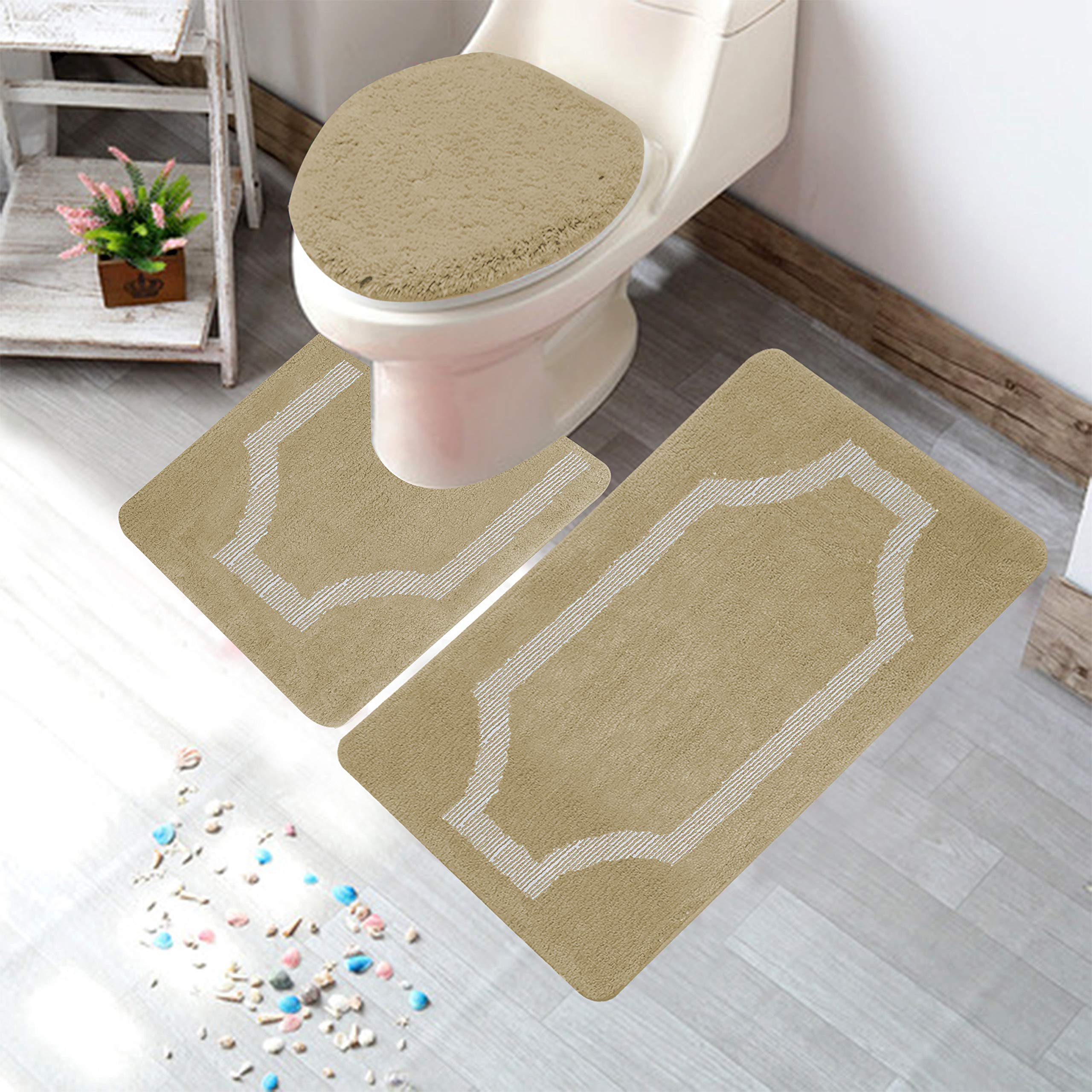 Premium 3-Piece Microfiber Bathroom Rug Set - Ultra Soft, Non-Slip PVC Backing, Modern Beige Design for Luxury Home Decor | Perfect for Bathrooms, Vanity Areas & Spa-Style Retreats