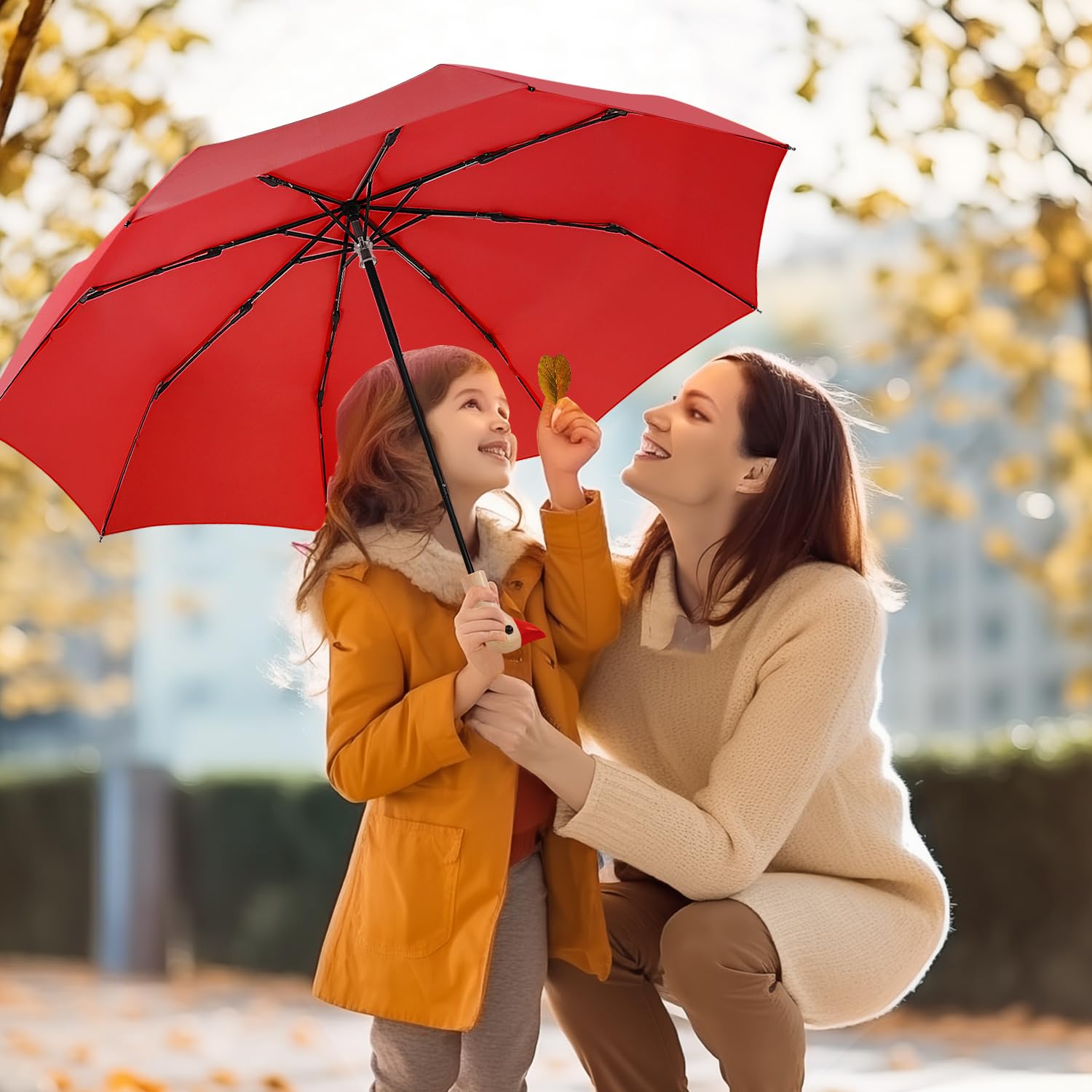 Compact Travel Umbrella with Cute Duck Handle - Lightweight Folding Umbrella for Women & Girls, Wooden Handle, Yellow Duck Head Design - Perfect for Rainy Days, Commuting, and Outdoor Adventures