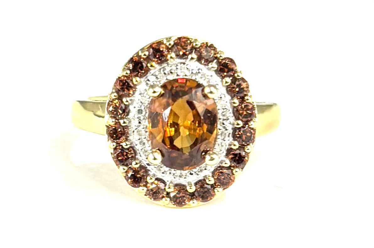 Natural Citrine Double Halo Ring 14K Gold Plated - Elegant Statement Jewelry for Women, Perfect for Engagement, Anniversary & Special Occasions
