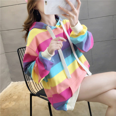 Harajuku Rainbow Stripe Hoodie for Women - Loose Pullover Sweatshirt | Pastel Pink Japanese Fashion | Cute & Sweet Girls Outfit | Perfect for Streetwear, Kawaii Style & Casual Wear
