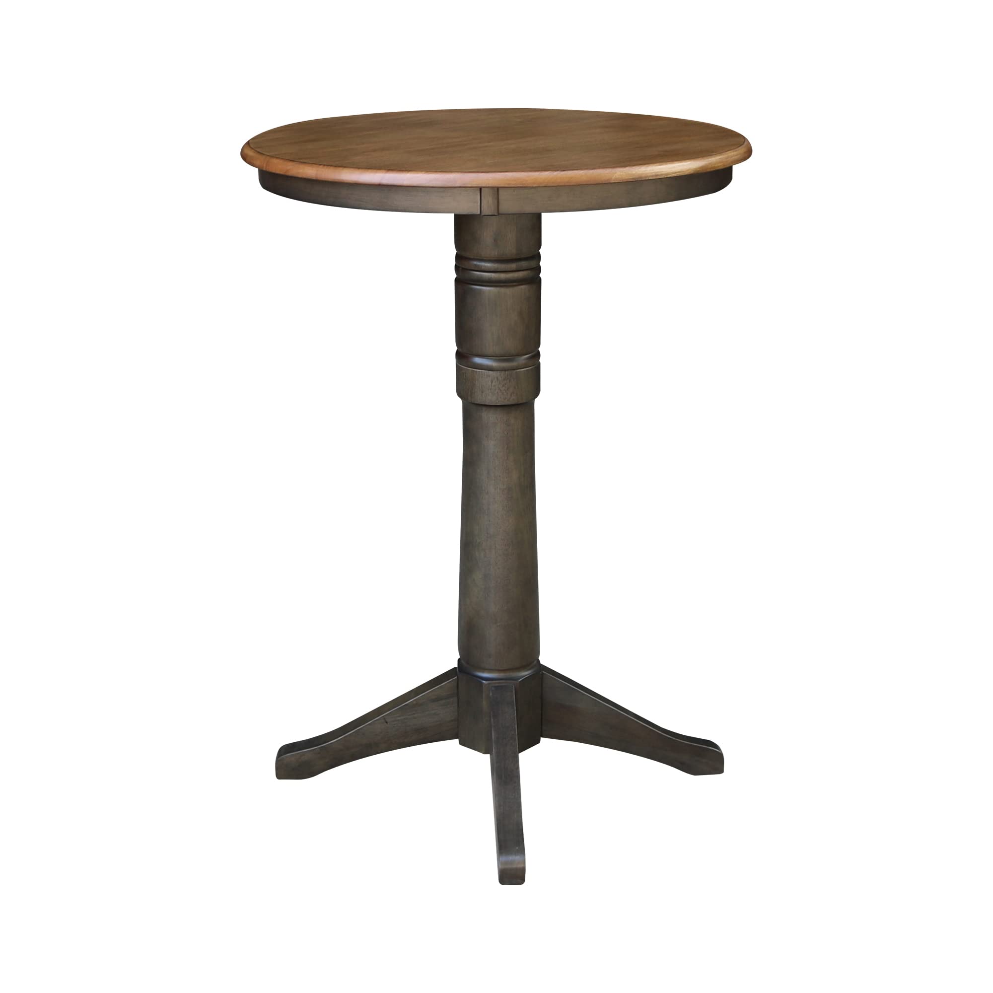 IC International Concepts Round Top Pedestal Dining Table - 42 Inch Bar Height - Solid Hickory Wood with Washed Coal Finish - Perfect for Kitchen, Breakfast Nook & Small Space Dining