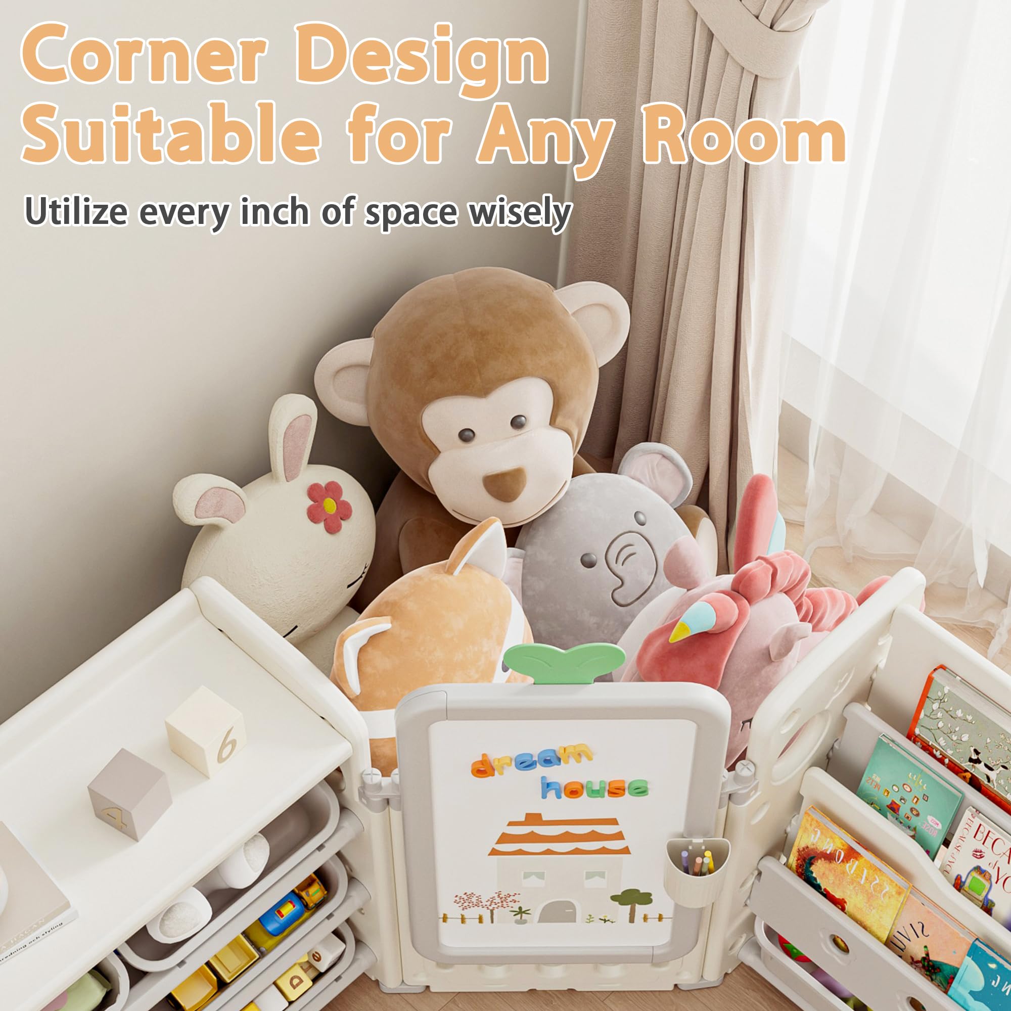 Foldable 3-Tier Kids Toy Storage Organizer with 10 Removable Bins & Bookshelf - Multi-Functional Toy Organizer with Drawing Board & 3 Brushes (4-in-1 Off-White) - Perfect for Playroom, Bedroom & Classroom Organization