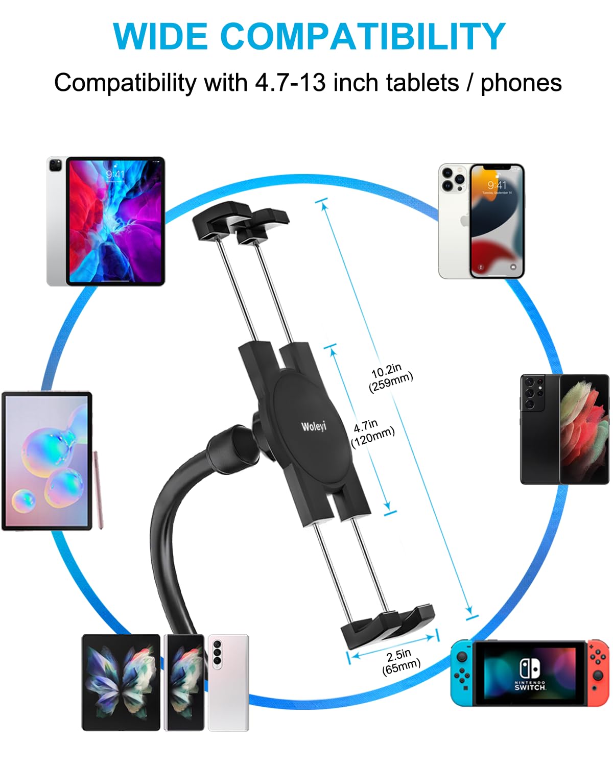 Woleyi Adjustable Gooseneck Tablet Holder for Spin Bike & Peloton - Universal Exercise Bike Handlebar Mount for iPad Pro/Air/Mini, Galaxy Tablets (4.7-13 Inch) - Perfect for Home Gym, Cycling Workouts & Treadmill Training