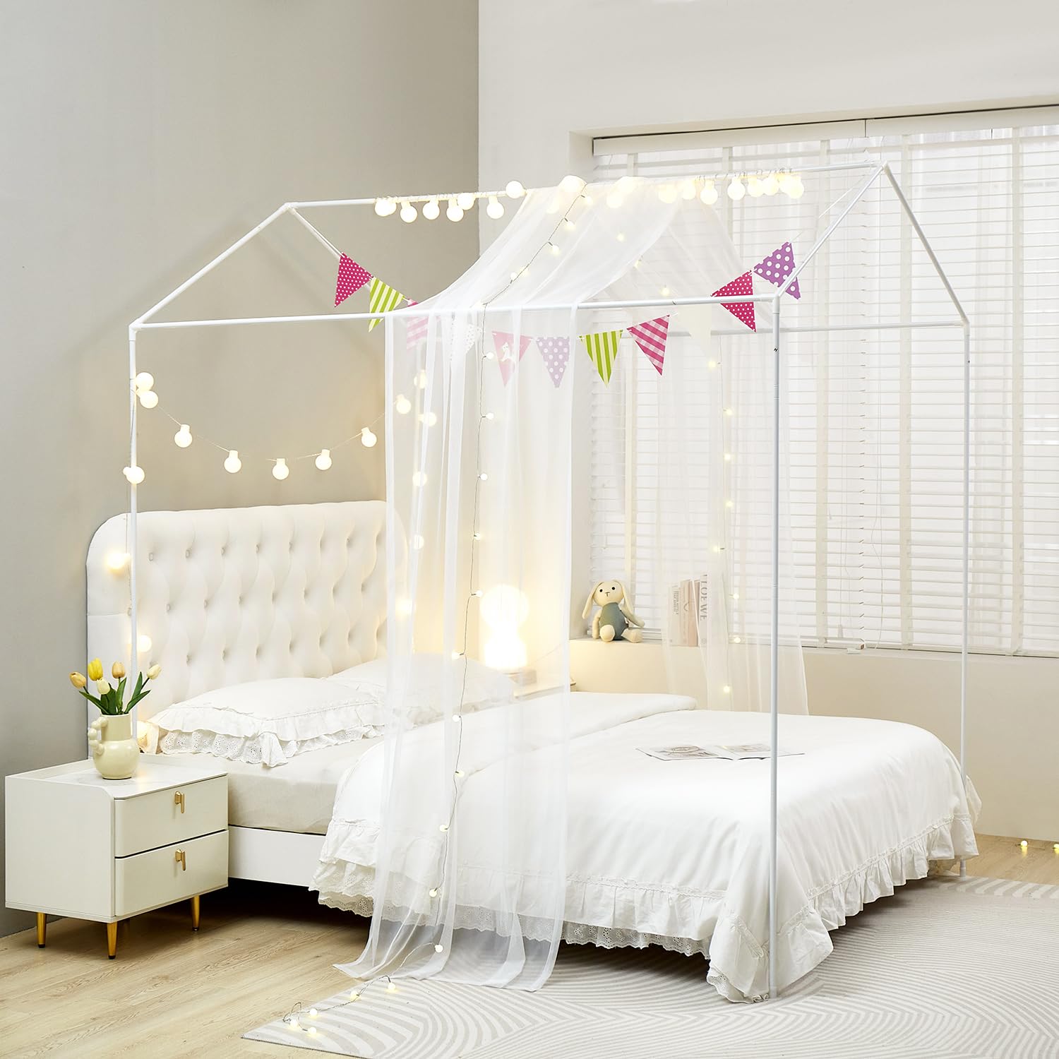 **Mengersi House Bed Canopy with LED Lights - Montessori Floor Bed Canopy for Kids, Girls & Boys - Four Poster Bed Curtains for Twin/Twin XL - White - Perfect for Nursery, Bedroom & Playroom Decor**