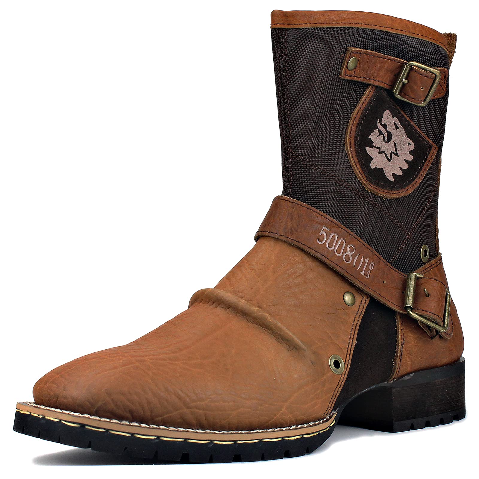 **Men's Western Cowboy Boots - Stylish Leather Motorcycle Biker Ankle Boots with Zipper, Mid-Calf Height (CD-5008-1-H8-J-R) - Perfect for Riding, Country Wear & Casual Outfits**