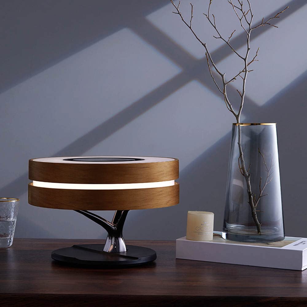 Modern LED Bedside Smart Table Lamp with Built-in TWS Bluetooth Speaker & Qi Wireless Charger - Stepless Dimming, Sleep Mode - Perfect for Bedroom, Office, and Nightstand Use (Circle of Light Design)