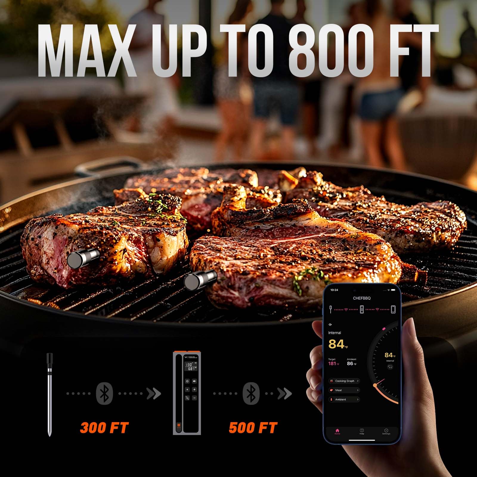 Wireless Meat Thermometer with 800FT Bluetooth Range - Digital Cooking Thermometer for Grill, Oven, Smoker, Air Fryer & Rotisserie - Remote Monitoring via iOS/Android App - Perfect for BBQ, Baking & Outdoor Cooking