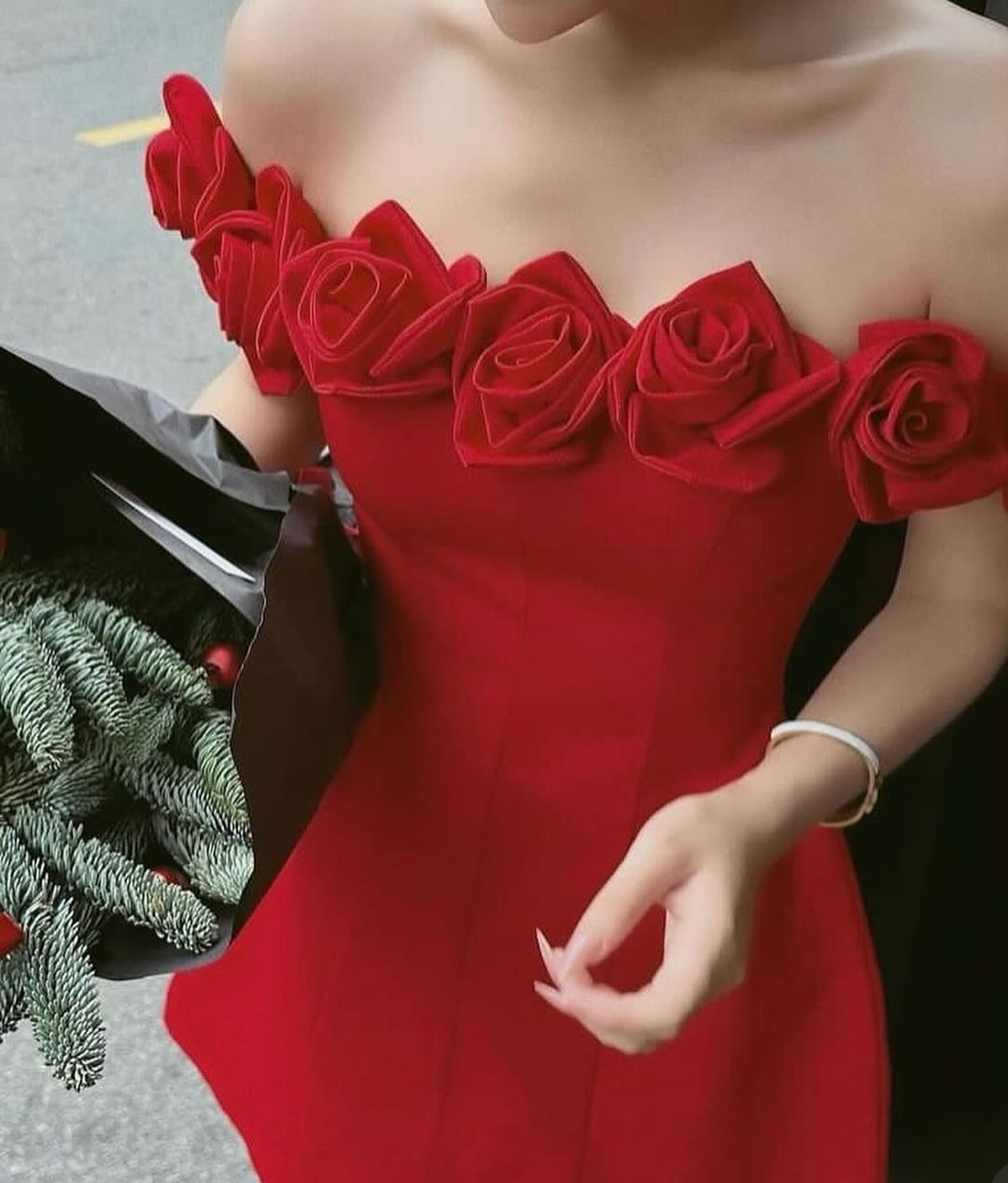 Elegant Off-The-Shoulder Red A-Line Dress for Birthday Party & Homecoming | Floral Design J3522 | Perfect for Prom, Cocktail Parties & Special Occasions