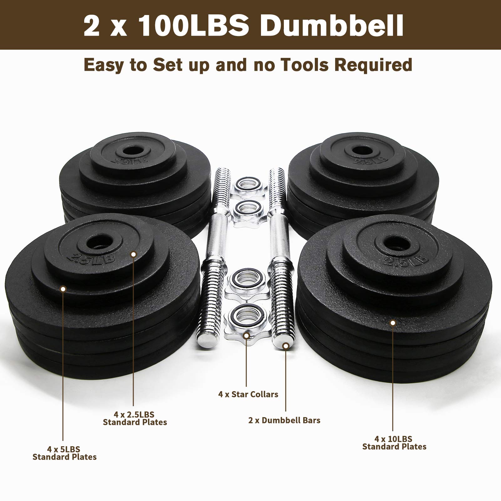 200lbs Adjustable Cast Iron Dumbbell Set - Heavy Duty Home Gym Equipment for Strength Training, Weight Lifting & Fitness Workouts