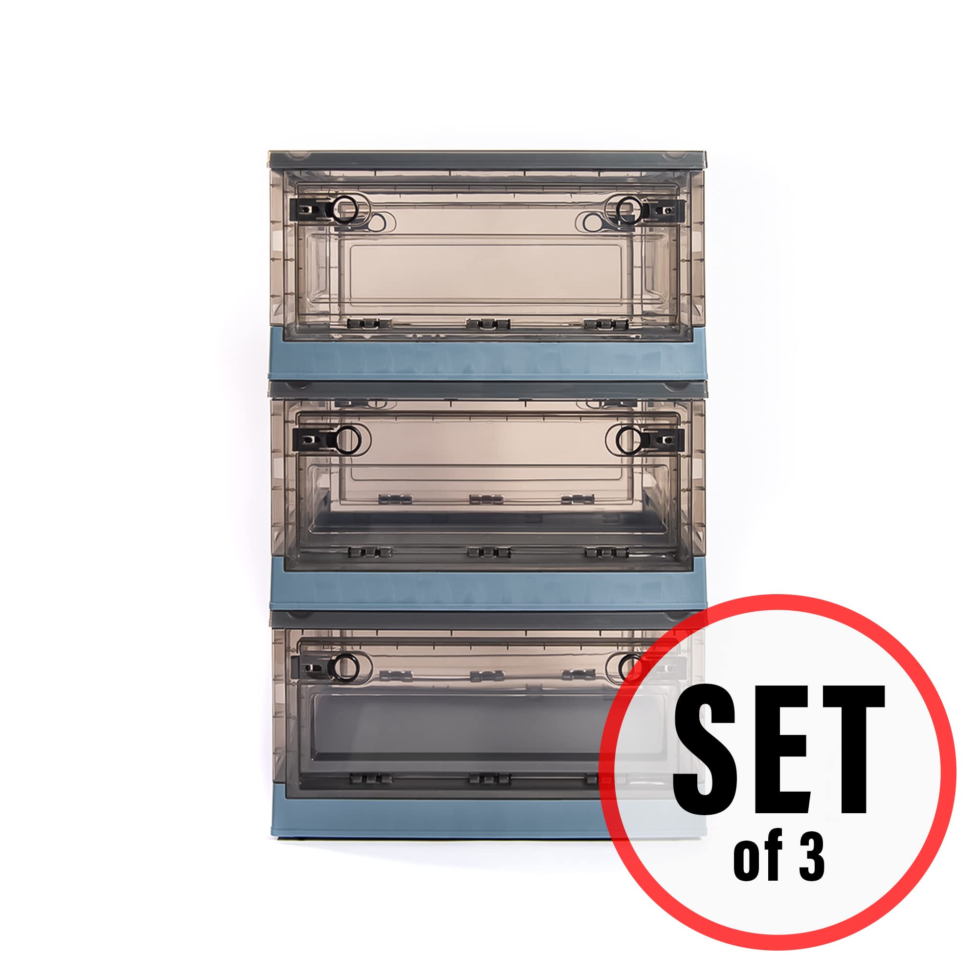 Best 3-Pack Storage Bins with Side Opening | Stackable, Collapsible & Foldable Storage Cubes for Home & Office Organization | Medium Blue Storage Boxes | Perfect for Closet, Pantry & Toy Organization