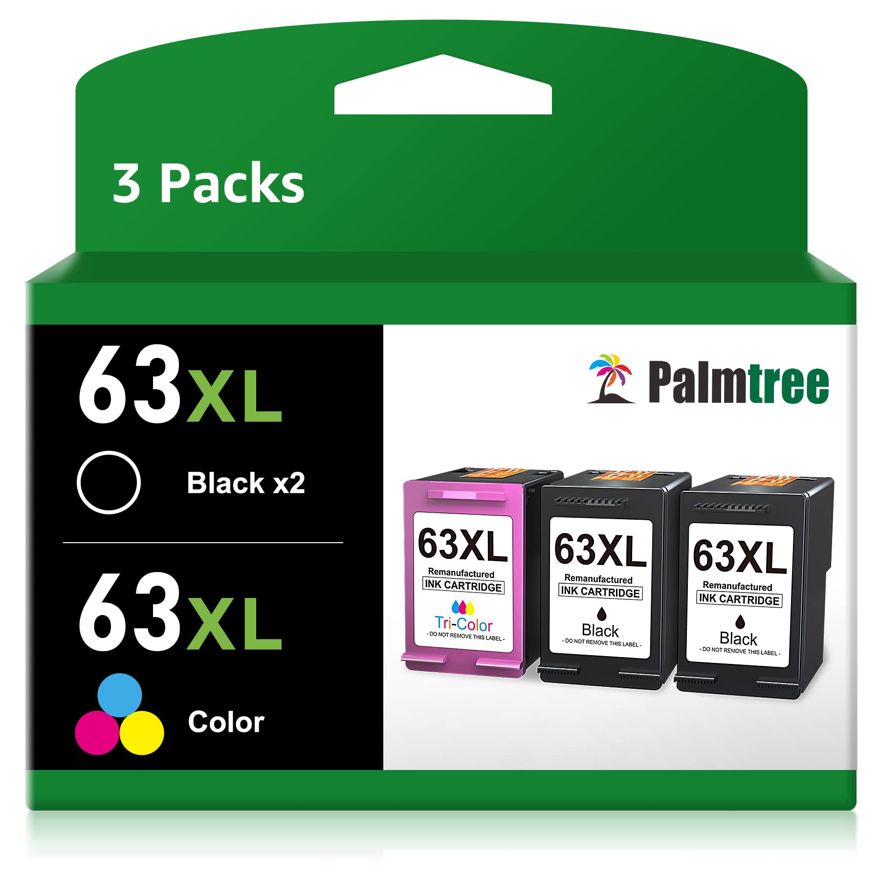 Remanufactured HP 63 63XL Ink Cartridge Combo Pack (2 Black, 1 Color) - Compatible with HP Envy 4520 4512 4516, OfficeJet 4650 5255 3830, Deskjet 1112 Printers | High-Quality Printer Ink Replacement for Home & Office Use