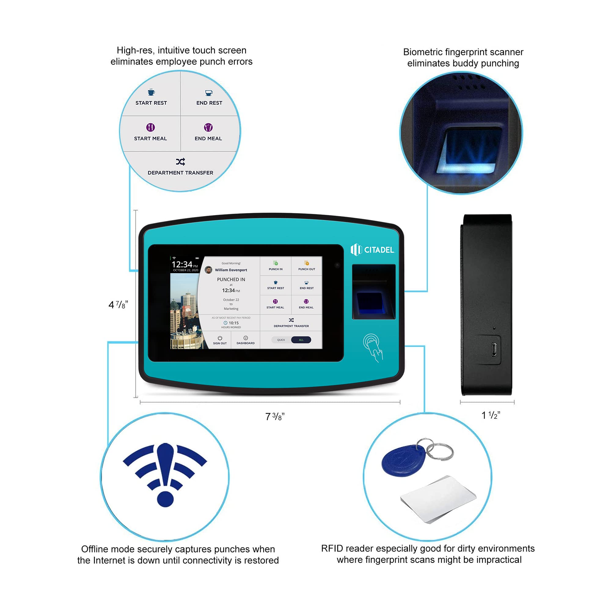 Citadel GT2000 Biometric Tablet Time Clock with Fingerprint Sensor - Employee Attendance Tracking System for Retail, Warehouse & Office Use