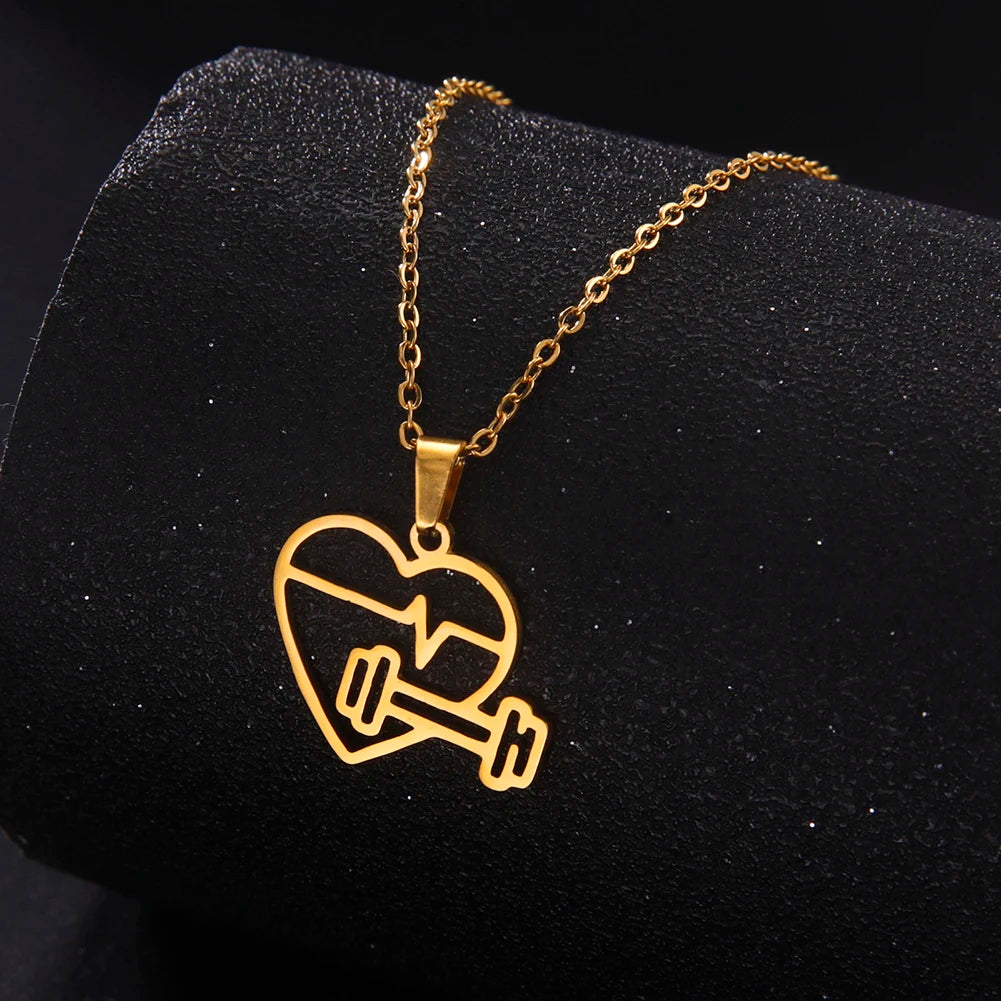 Lucktune Heartbeat Dumbbell Pendant Necklace - Stainless Steel Heart Shaped Fitness Jewelry for Women & Men - Perfect for Workouts, Gym, Valentine's Gift & Everyday Fashion Accessory