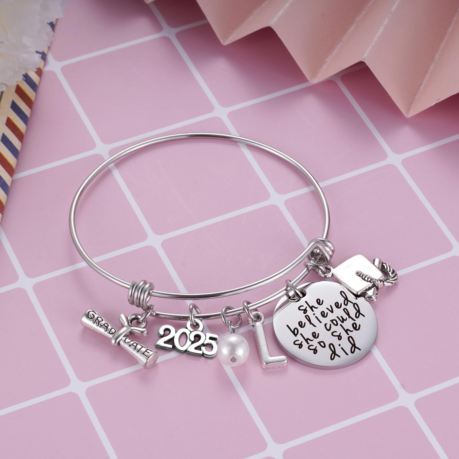 Ukodnus Class of 2025 Graduation Bracelet - Personalized 26 Initial Charm Bracelet for High School & College Seniors - Inspirational Gift for Her - Perfect for Graduation Ceremonies, Parties & Keepsakes