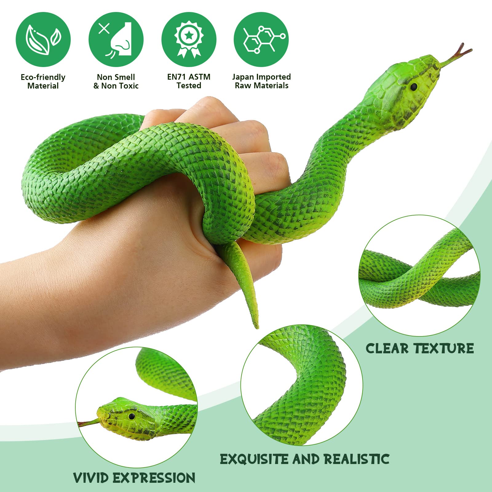 Realistic Fake Snake Toy - Stretchy Rubber Lifelike Snake Figure for Halloween Pranks, Stress Relief & Educational Play - Perfect Kids Birthday Party Gift (Green) | Great for Prank Gags, Classroom Learning & Sensory Play