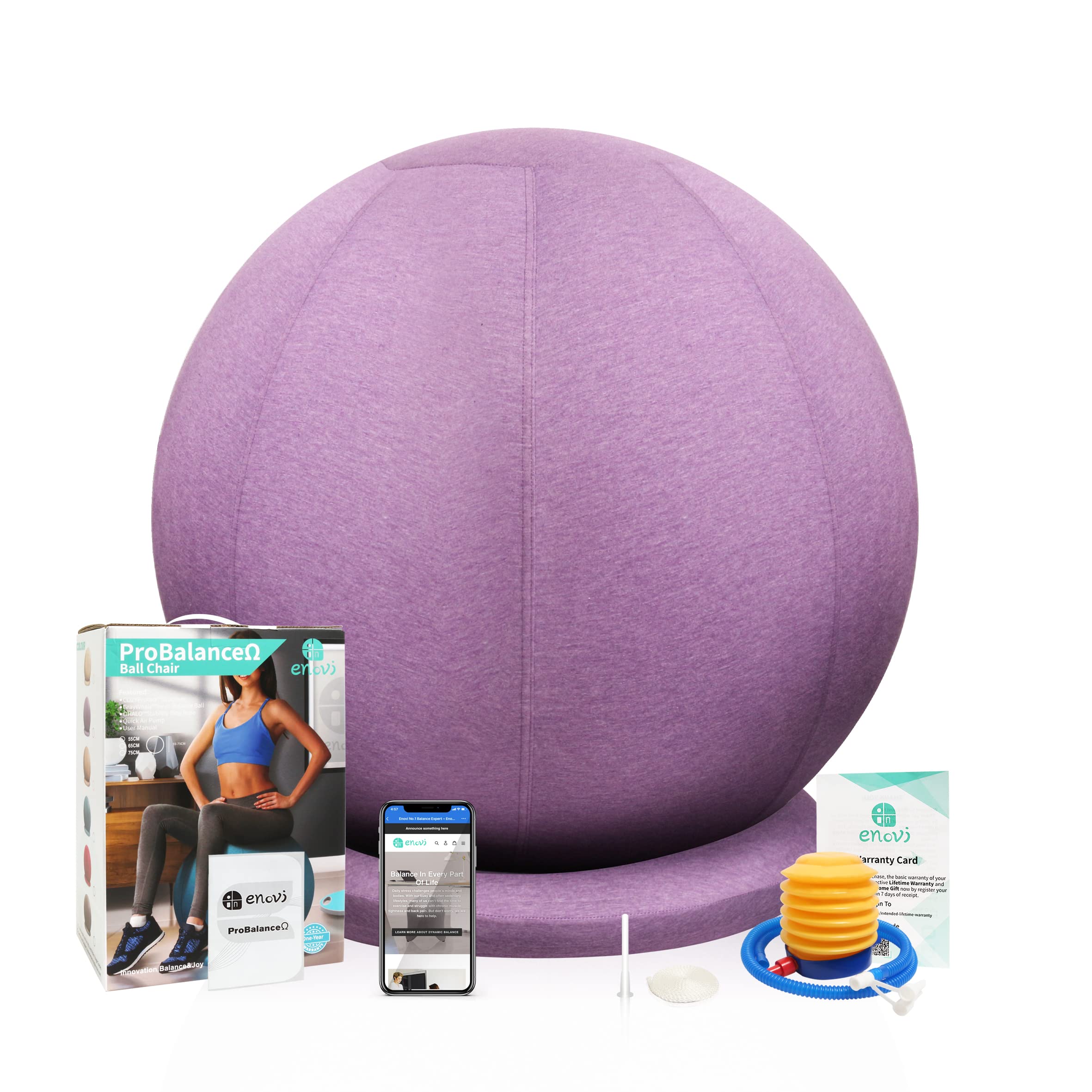 Enovi ProBalanceΩ Yoga Ball Chair with Slipcover & Base - Ergonomic Exercise Stability Ball for Office Desk, Pregnancy & Back Pain Relief - Home, Gym & Birthing Use - Multiple Colors & Sizes Available
