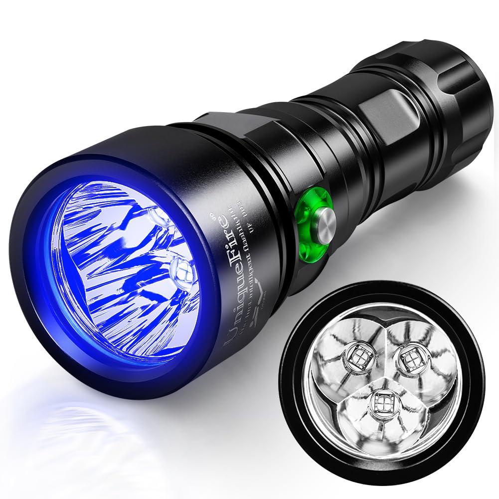 UniqueFire D03 365nm UV Black Light Scuba Dive Flashlight - 3 Super Bright LEDs, Rechargeable, 3 Modes, 100m Waterproof for Night Diving, Underwater Exploration & Marine Life Observation