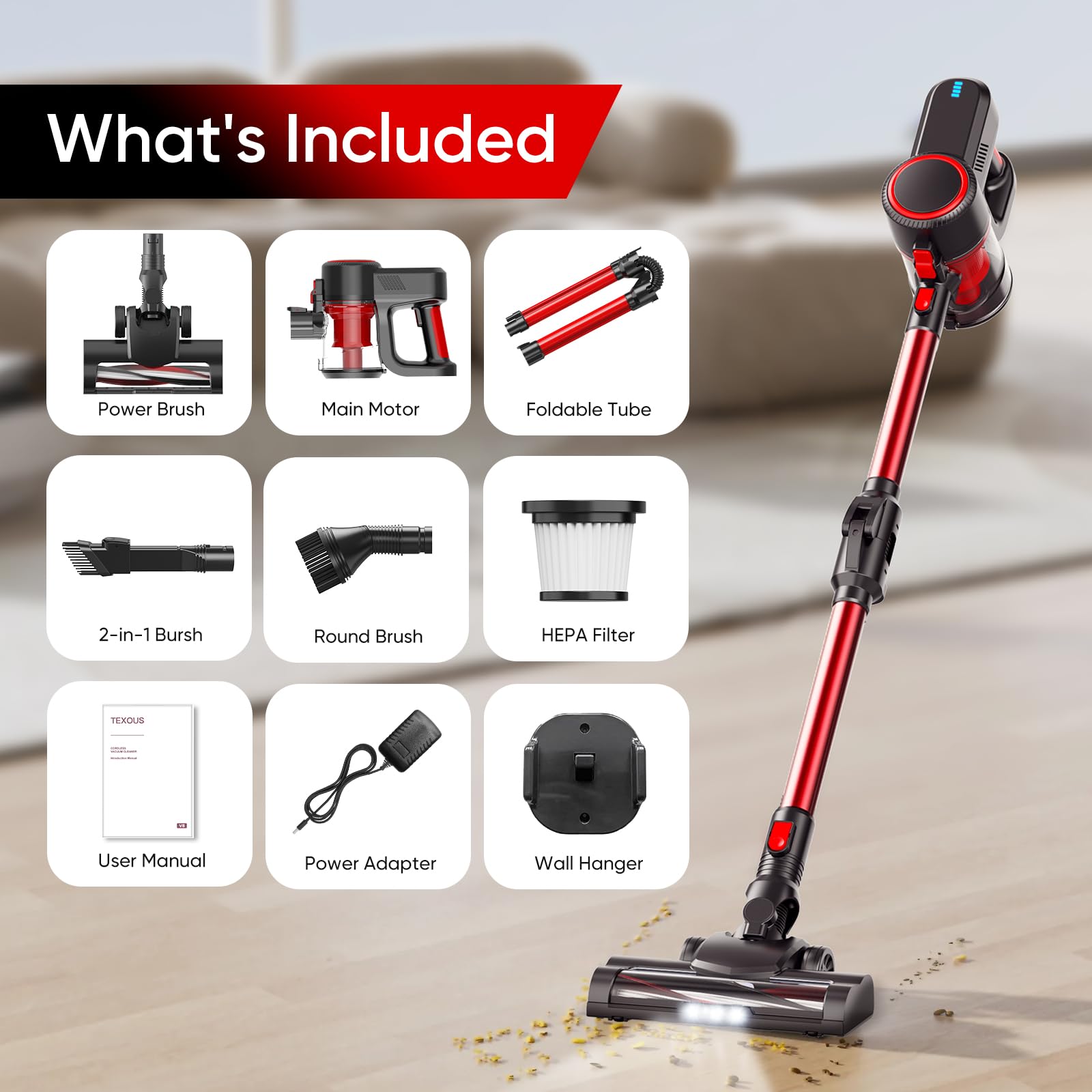 **Lightweight Cordless Stick Vacuum Cleaner - 6-in-1 Rechargeable Handheld Vacuum with Bendable Wand, 2 Modes for Hard Floors, Carpets & Cars (Black & Red) | Perfect for Quick Home Cleaning & Pet Hair Removal**