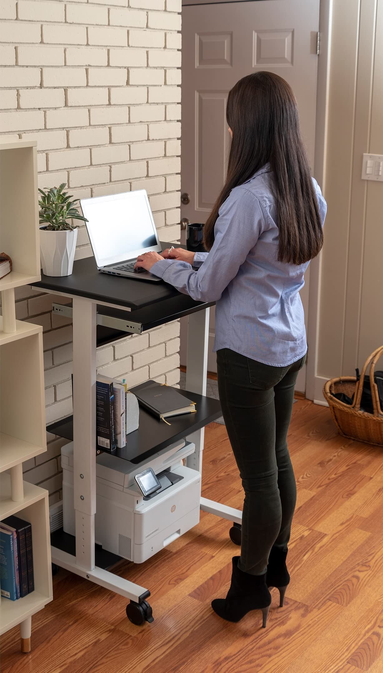 Adjustable Height Standing Desk with Wheels - Mobile Rolling Sit Stand Workstation with Printer Shelf & Slideout Keyboard Tray (White Frame/Black Top, 30