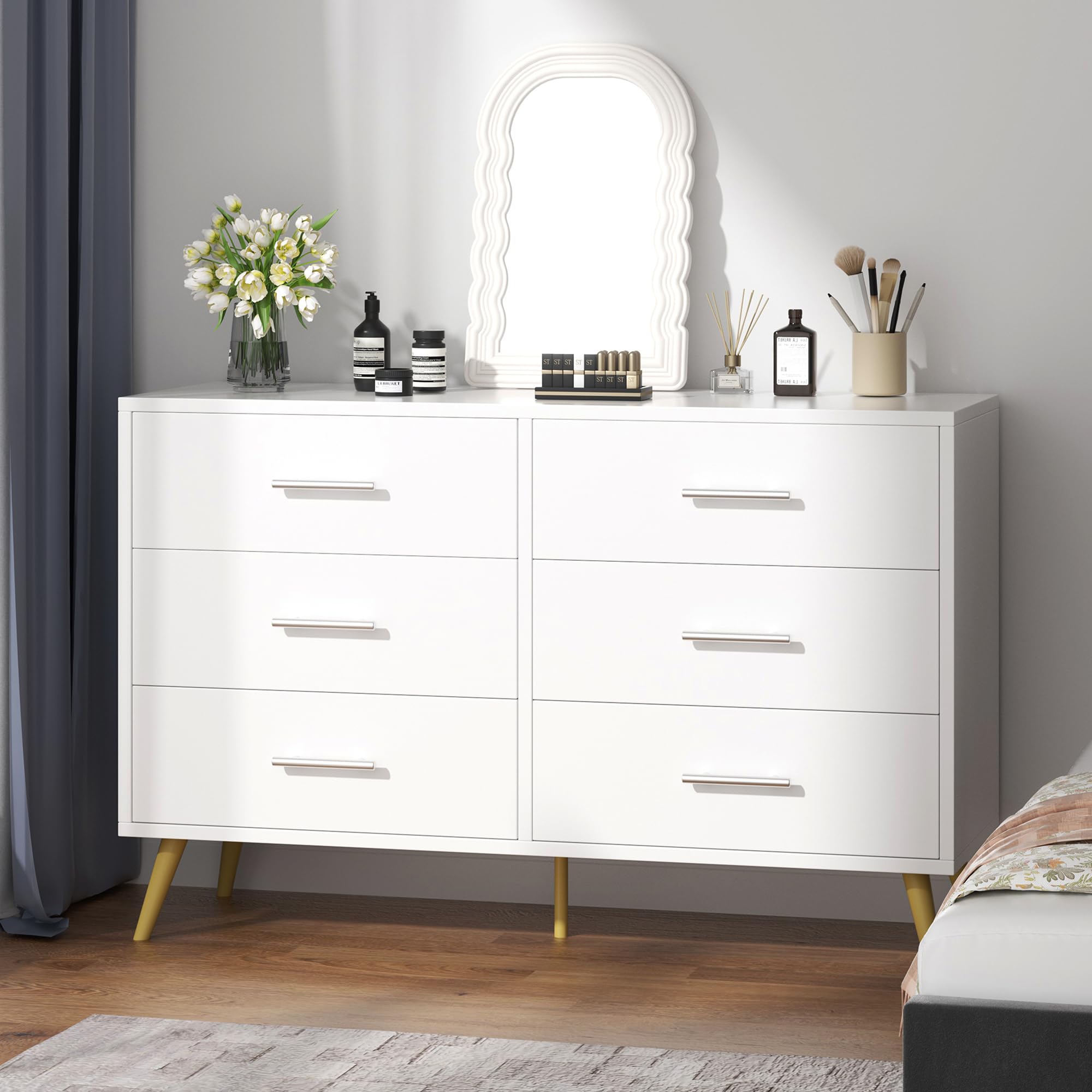 Shintenchi 6-Drawer White & Gold Dresser - Modern Wooden Chest of Drawers for Bedroom, Living Room & Entryway | TV Stand & Storage Organizer for Home Decor & Organization