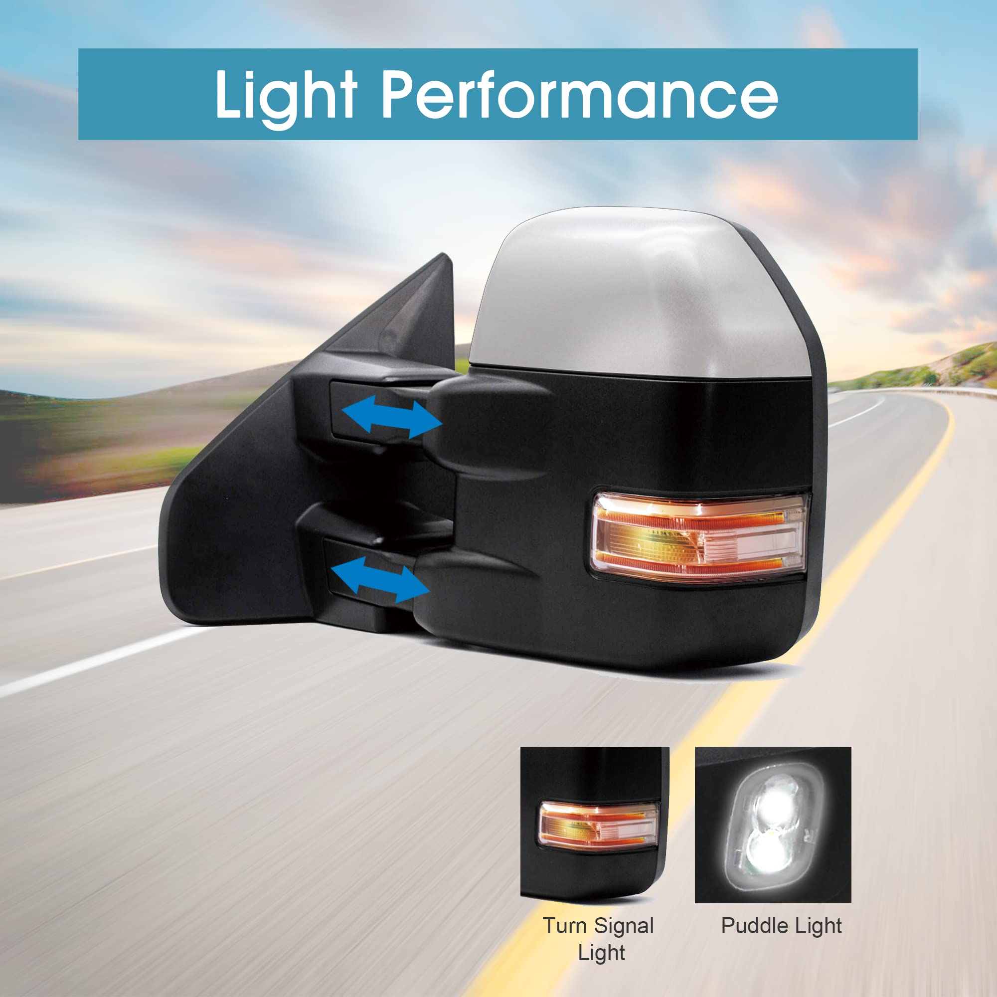 BOOLEE Power Heated Towing Mirrors with LED Turn Signal & Puddle Lights - Manual Folding Chrome Cap for 2004-2014 Ford F150 Pickup Truck (Driver & Passenger Side) - Perfect for Towing, Off-Roading & Night Driving