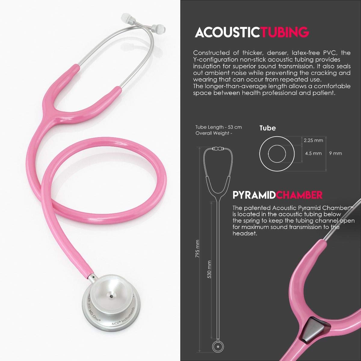 MDF MD One Stainless Steel Stethoscope for Adults - Pink Tube & Silver Chestpiece Headset (MDF77701) | Medical, Nursing, Home Healthcare Equipment