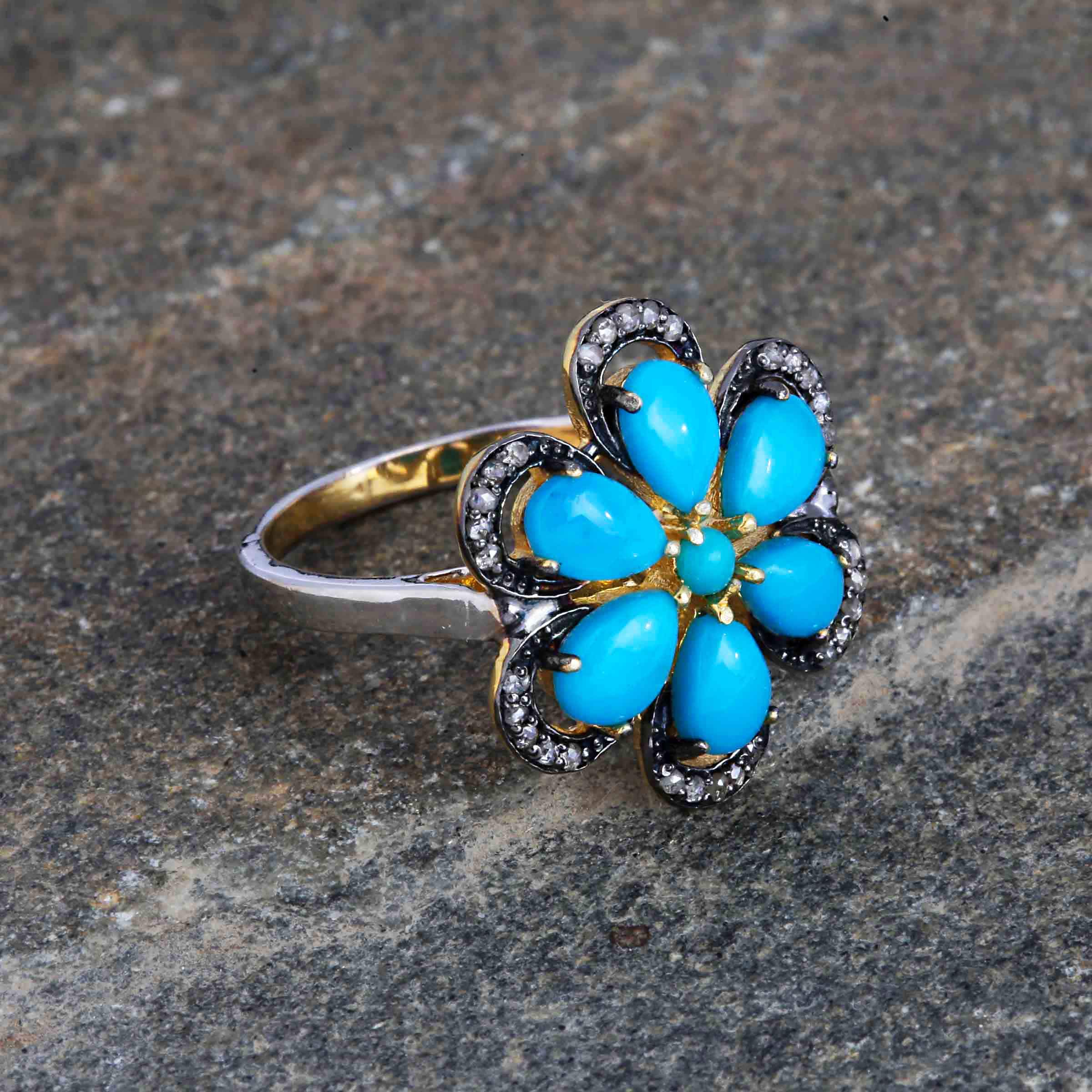 Handmade Natural Diamond Ring for Women - 0.2 Carat Brown Diamond (I2-I3 Clarity) & 2ct Blue Turquoise Flower Ring - Elegant Anniversary & Birthday Gift for Her - Perfect for Weddings, Date Nights & Special Occasions