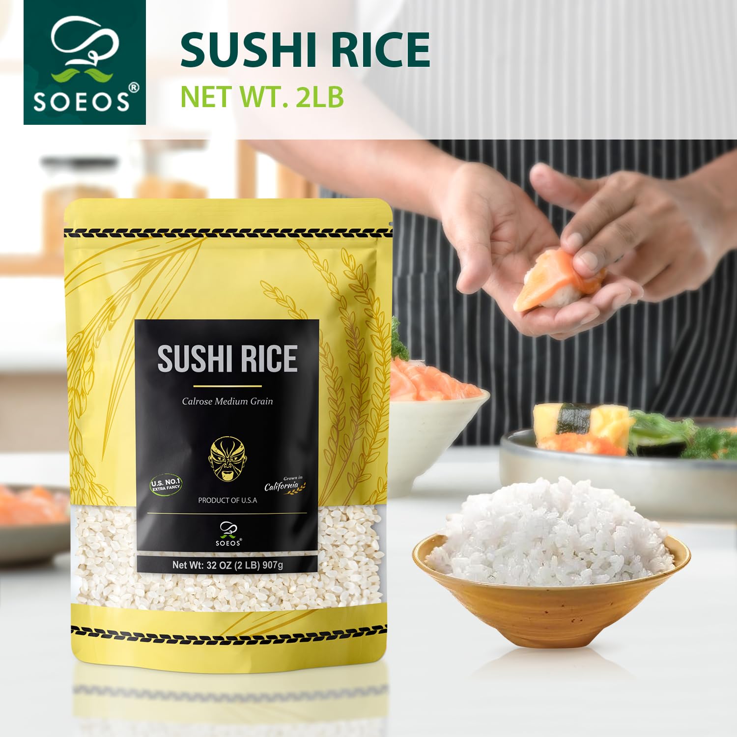 Soeos Premium Sushi Rice - Medium Grain White Sticky Rice for Perfect Sushi Rolls, Japanese Cuisine & Asian Dishes - 2lb (32oz) Calrose Rice - Ideal for Home Cooking, Restaurant Use & Meal Prep