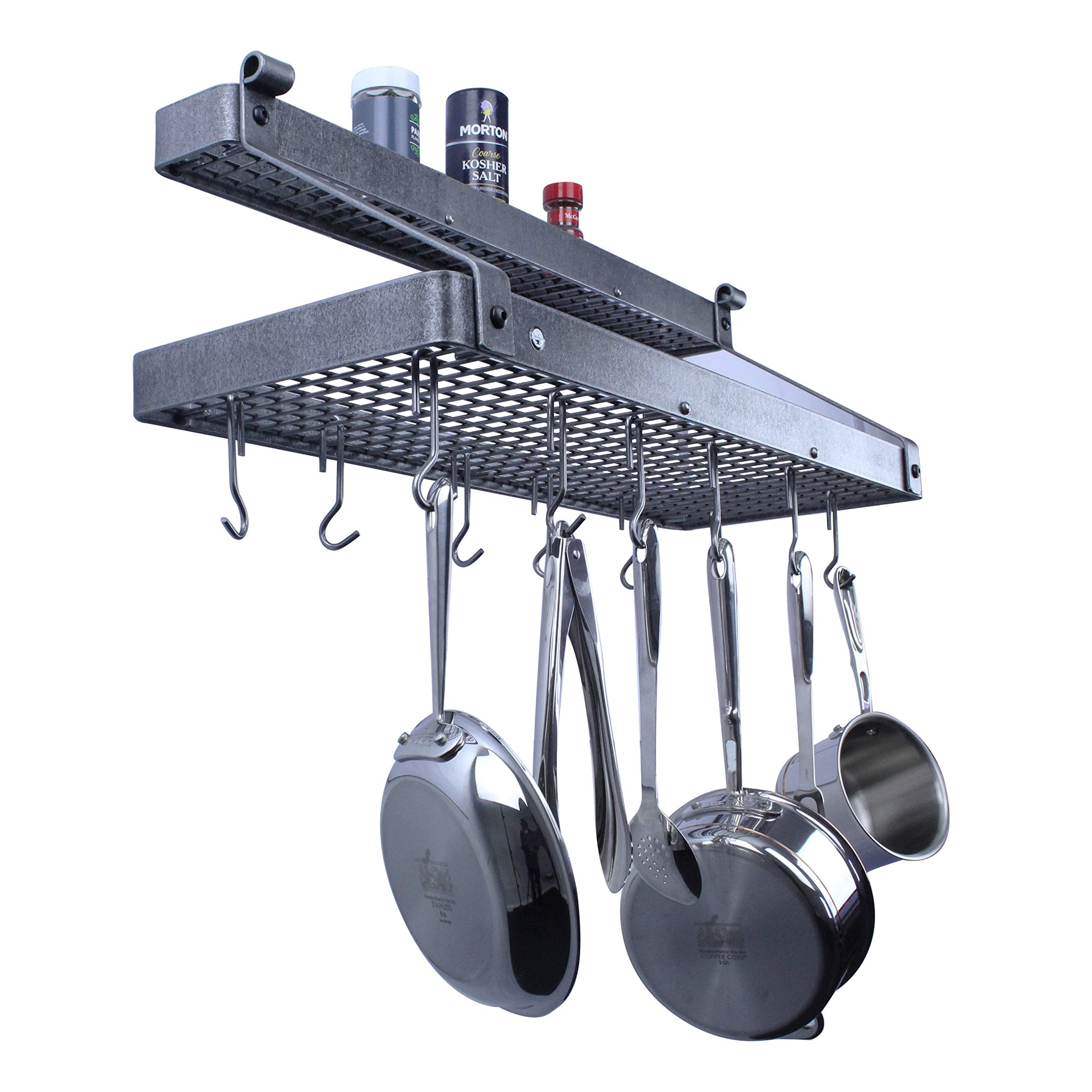 Enclume Premier Hammered Steel Wall Mounted Pot Rack with Shelf - Space Saving Kitchen Organizer for Cookware, Utensils & Spices - Perfect for Small Kitchens, Apartments & RVs