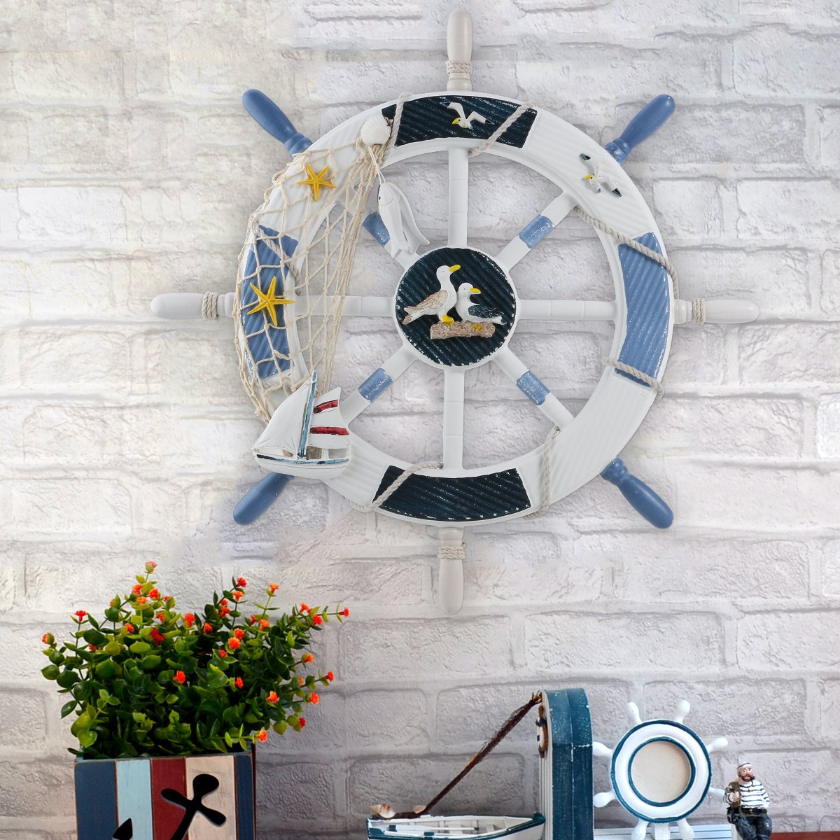 WINOMO 18-Inch Nautical Boat Steering Wheel Wall Decor - Rustic Coastal Home Decor for Living Room, Bedroom, Office or Beach House