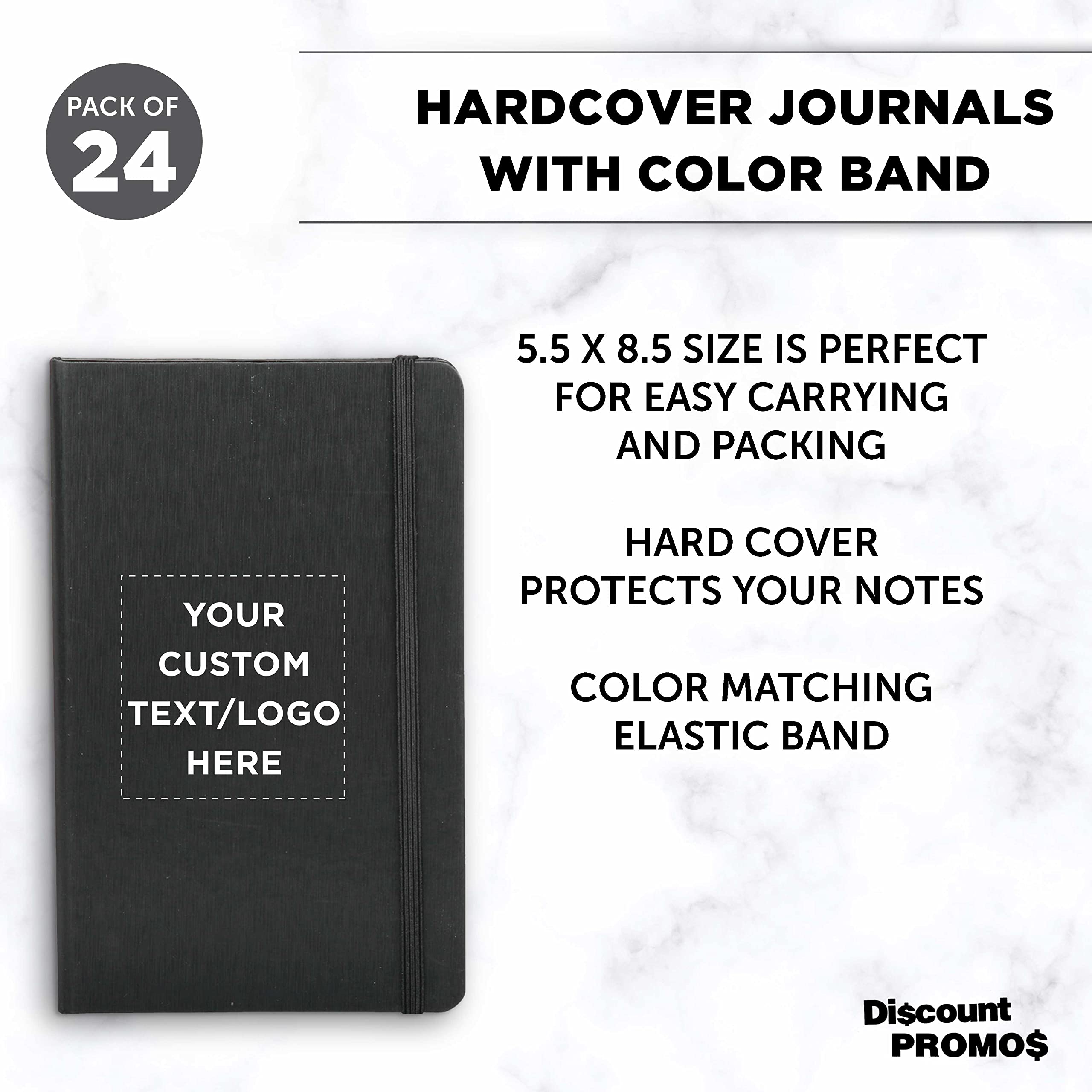 Custom Hardcover Notebook Journals with Elastic Band - Set of 24 Personalized Bulk Pack for School, Office & Home Use - Premium Black Writing Notebooks - Ideal for Note Taking, Journaling, Gift Giving & Business Meetings