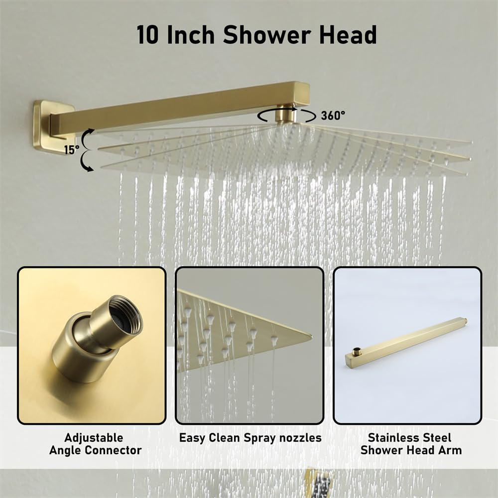 12 Inch Luxury Rainfall Shower System Set - High Pressure Wall Mounted Shower Head with 2-Function Faucet in Brushed Gold Finish | Perfect for Spa-Like Bathroom Experience & Modern Home Upgrade
