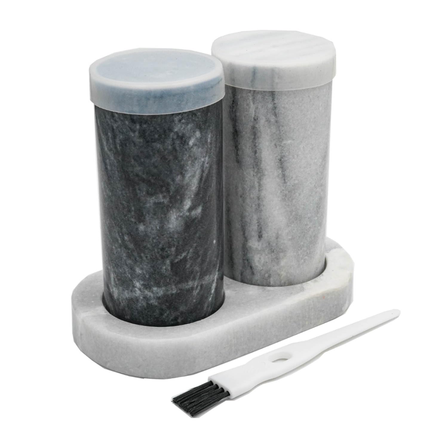 Premium Marble Salt and Pepper Shaker Set - Elegant Black & White Natural Marble with Matching Tray, Silicone Lids & Cleaning Brush - Luxury Kitchen Decor & Housewarming Gift for Dining Table, Kitchen Counter, and Wedding Registry
