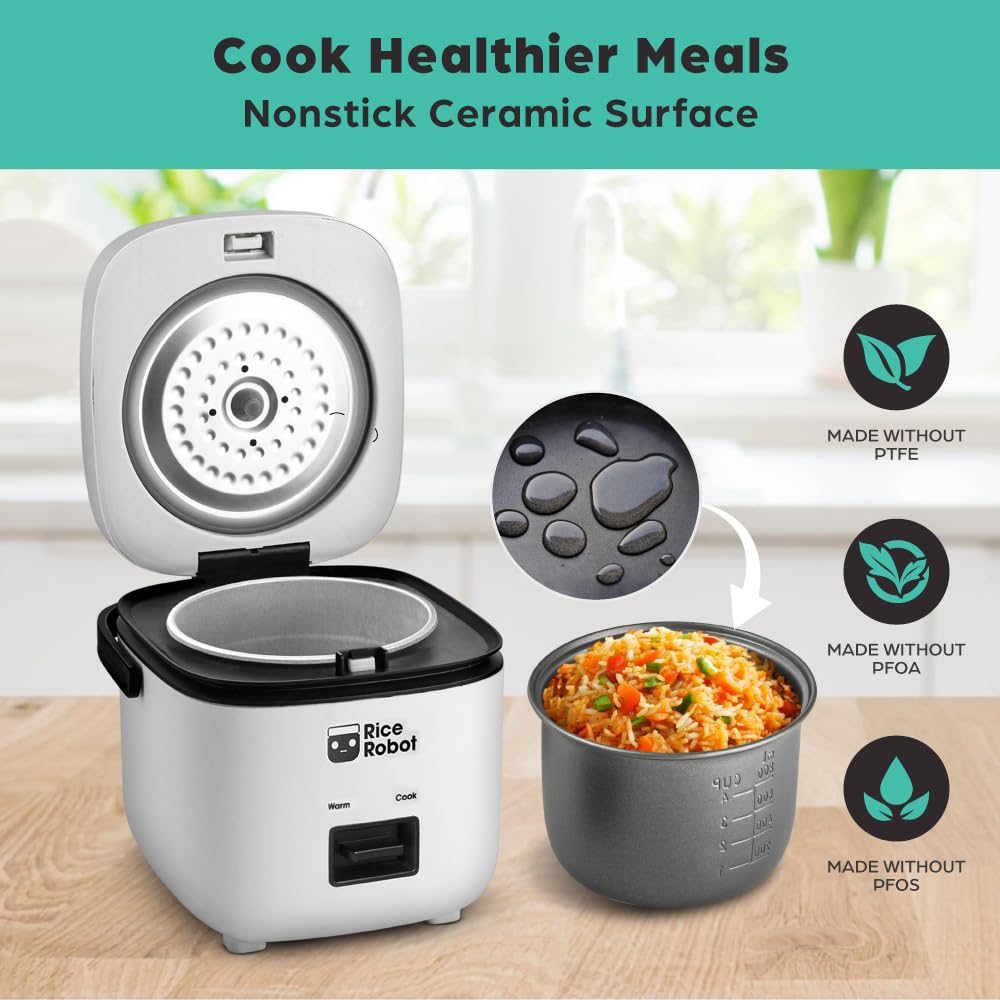 Rice Robot Personal Rice Cooker – PFAS-Free Nonstick 1-Quart Capacity with Stainless Steel Steamer Tray | Includes Measuring Cups, 60-Recipe Book & Serving Spoon | Perfect for Dorms, Offices & Small Kitchens