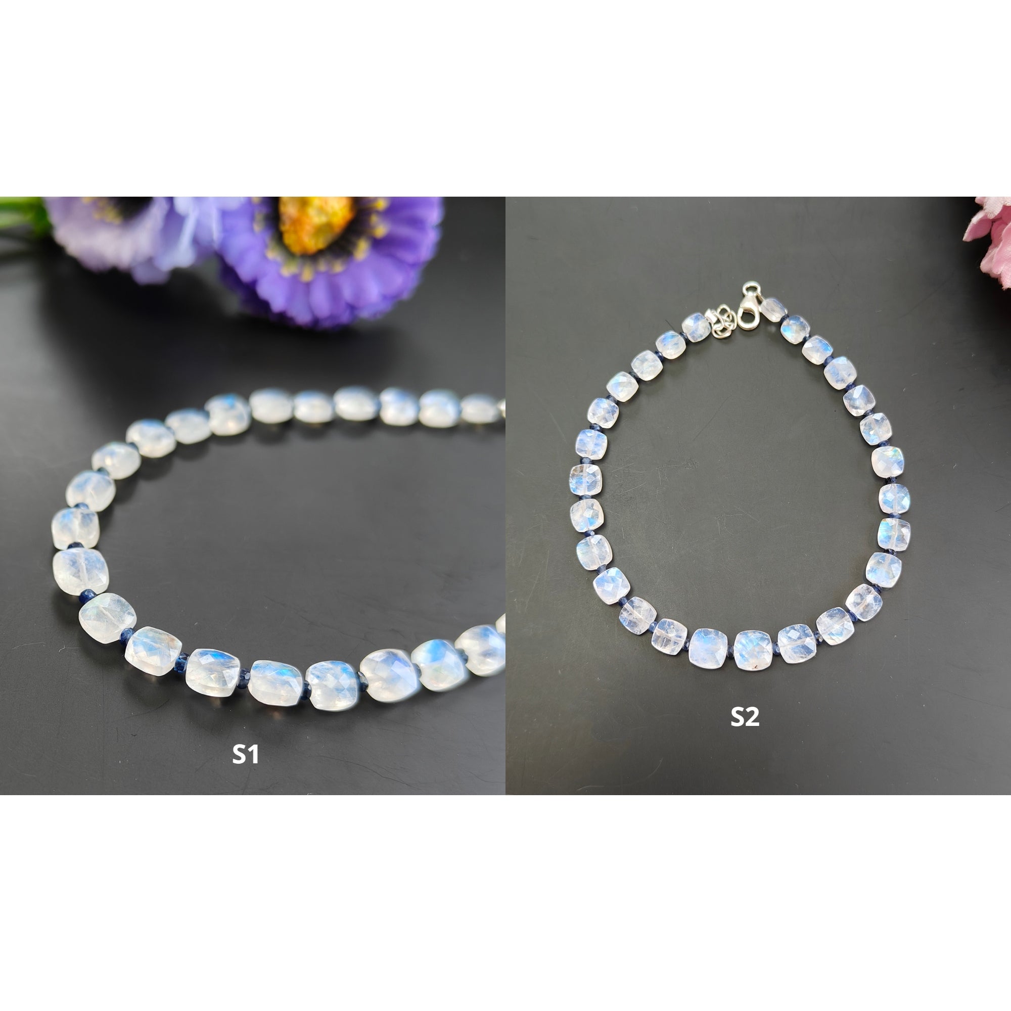 Rainbow Moonstone & Blue Sapphire 925 Sterling Silver Beaded Bracelet - Gemstone Beads Briolette Checker Cut for Women's Jewelry, Gift & Spiritual Healing | Perfect for Meditation, Yoga & Boho Fashion