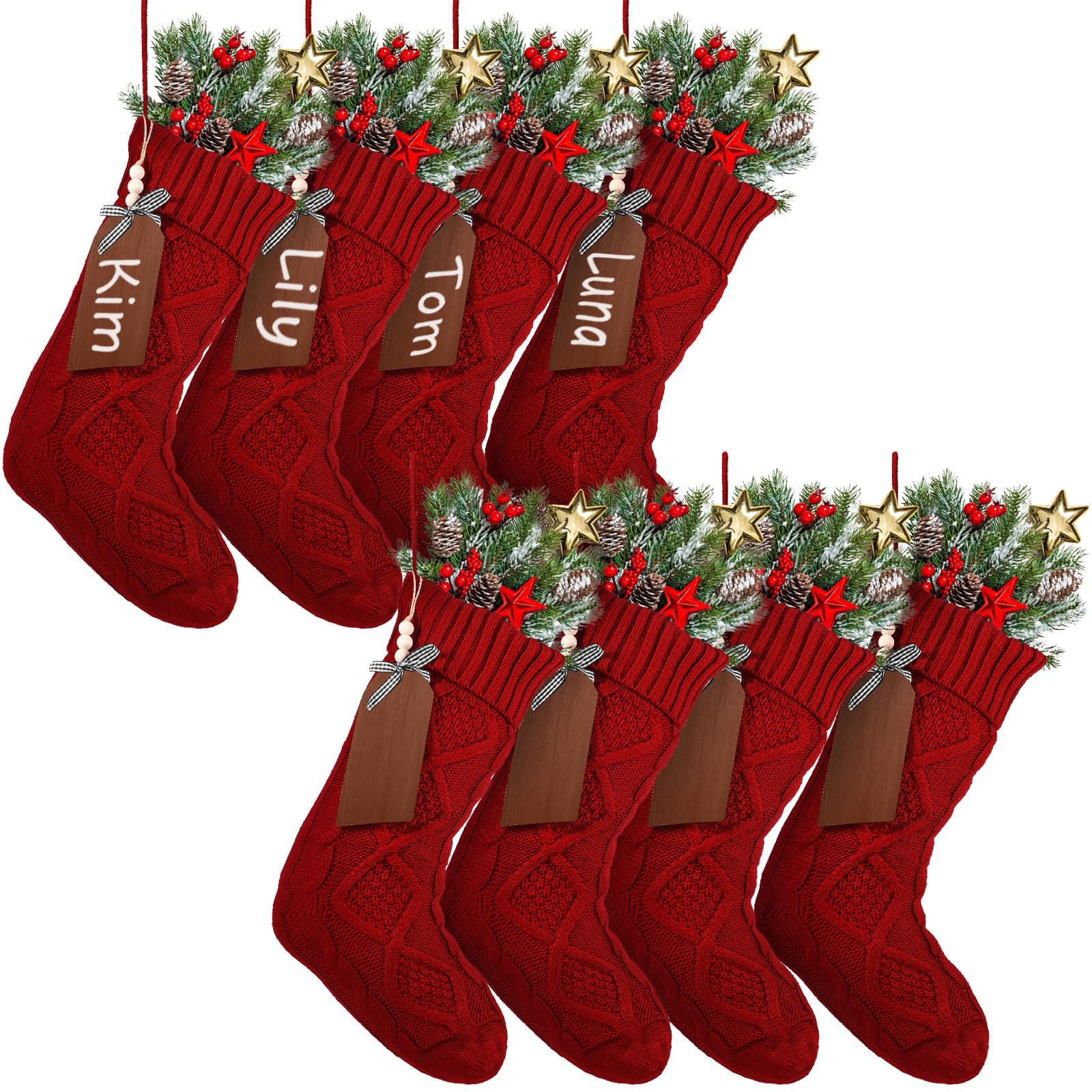 Aoriher 8 Sets Large 18 Inch Knitted Christmas Stockings with DIY Name Tags - Festive Xmas Stocking Decorations for Fireplace, Mantel, and Family Holiday Decor (Red)