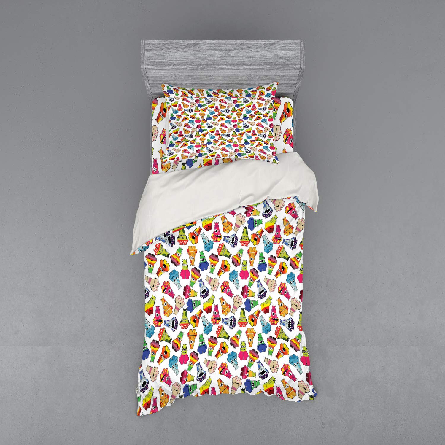 Ambesonne Funny Monsters Cartoon Bedding Set - 3 Piece Duvet Cover with Sham & Fitted Sheet, Twin XL Size, Colorful Playful Design - Perfect for Kids' Rooms, Dorm Decor & Unique Gift Ideas
