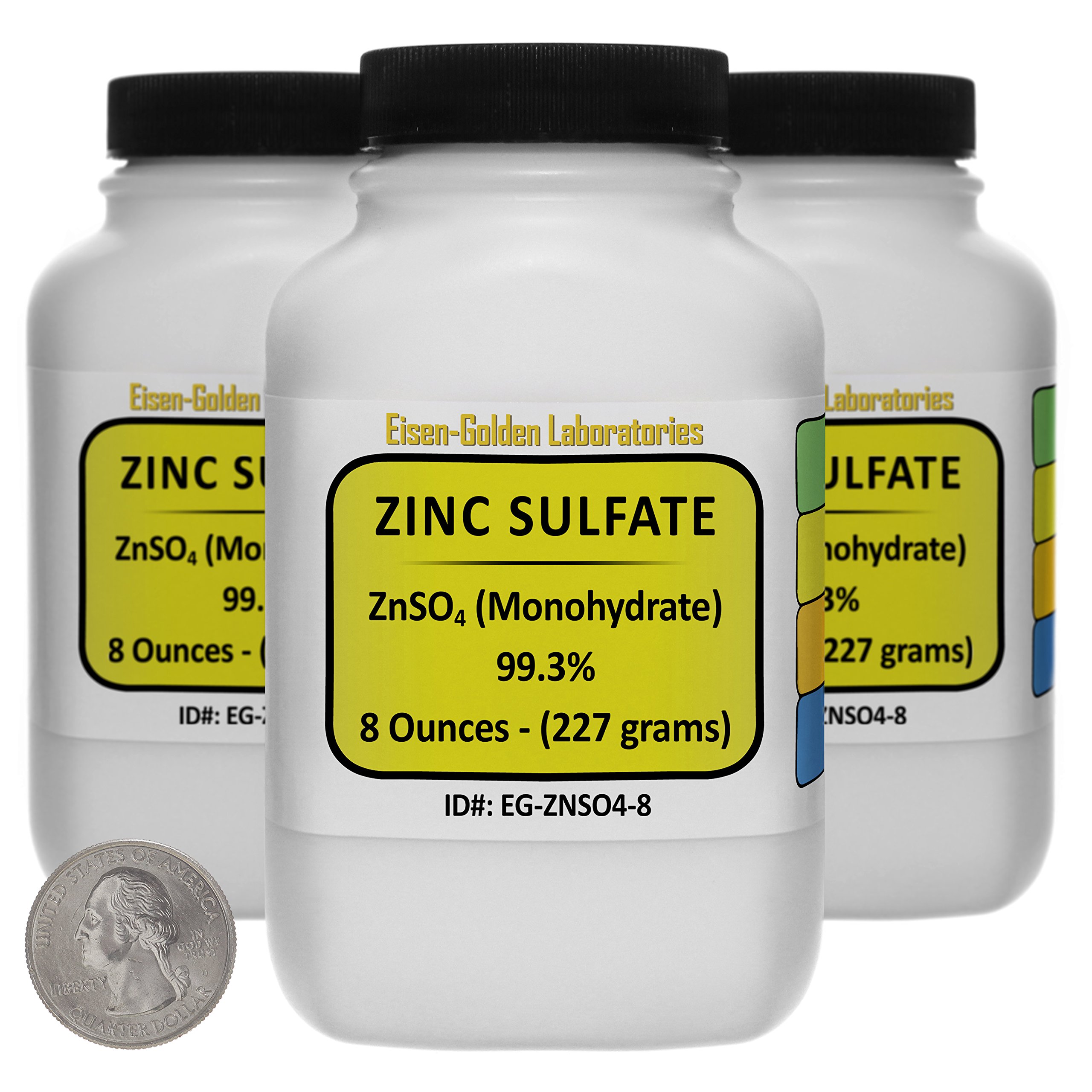 High Purity Zinc Sulfate [ZnSO4] 99.3% ACS Grade Powder - 1.5 lb in 3 Space-Saving Bottles for Laboratory, Agriculture & Nutritional Supplements