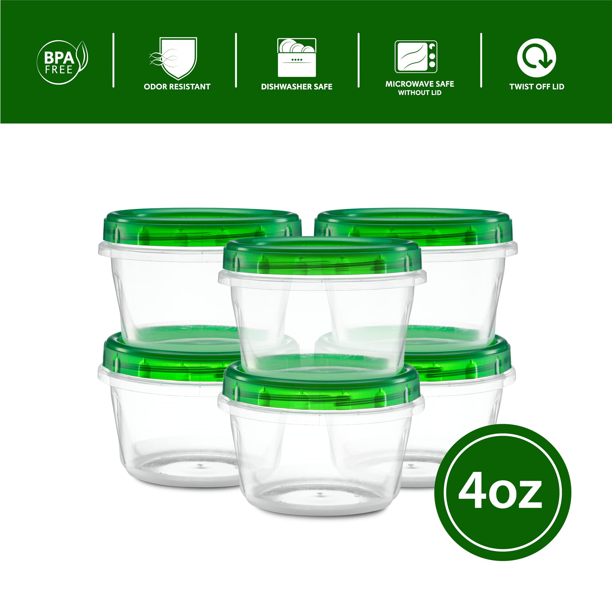 4oz (10 Pack) Clear Bottom Green Top Twist Cap Food Storage Containers with Screw-On Lids - Perfect for Freezer, Meal Prep & Leftovers