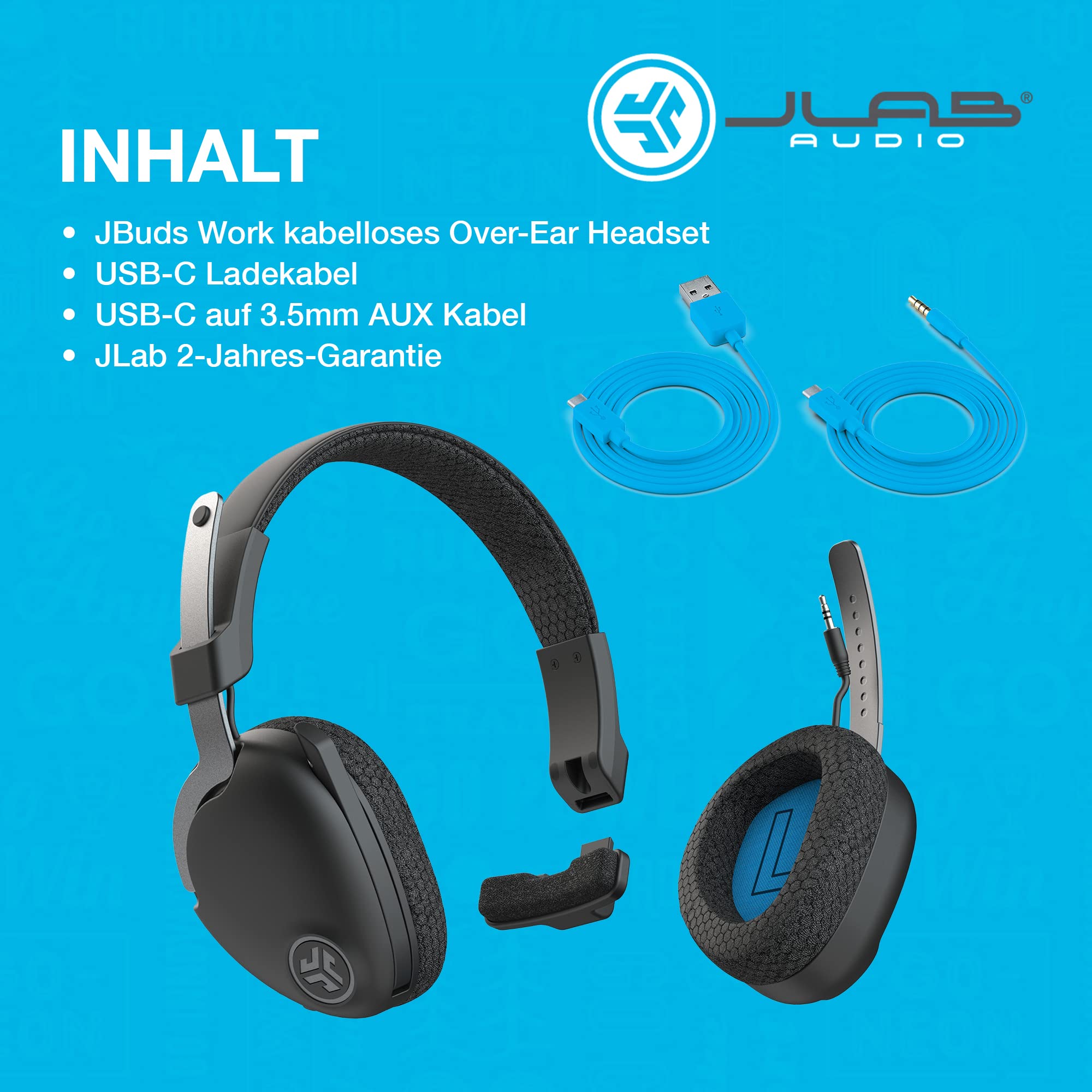 JLab JBuds Work Wireless Headset with Microphone - Over Ear Computer Headphones with 60+ Hours Playtime, Multipoint Bluetooth for Laptop, Teams, Office - Perfect for Remote Work, Video Calls & Online Meetings (1 Pack)