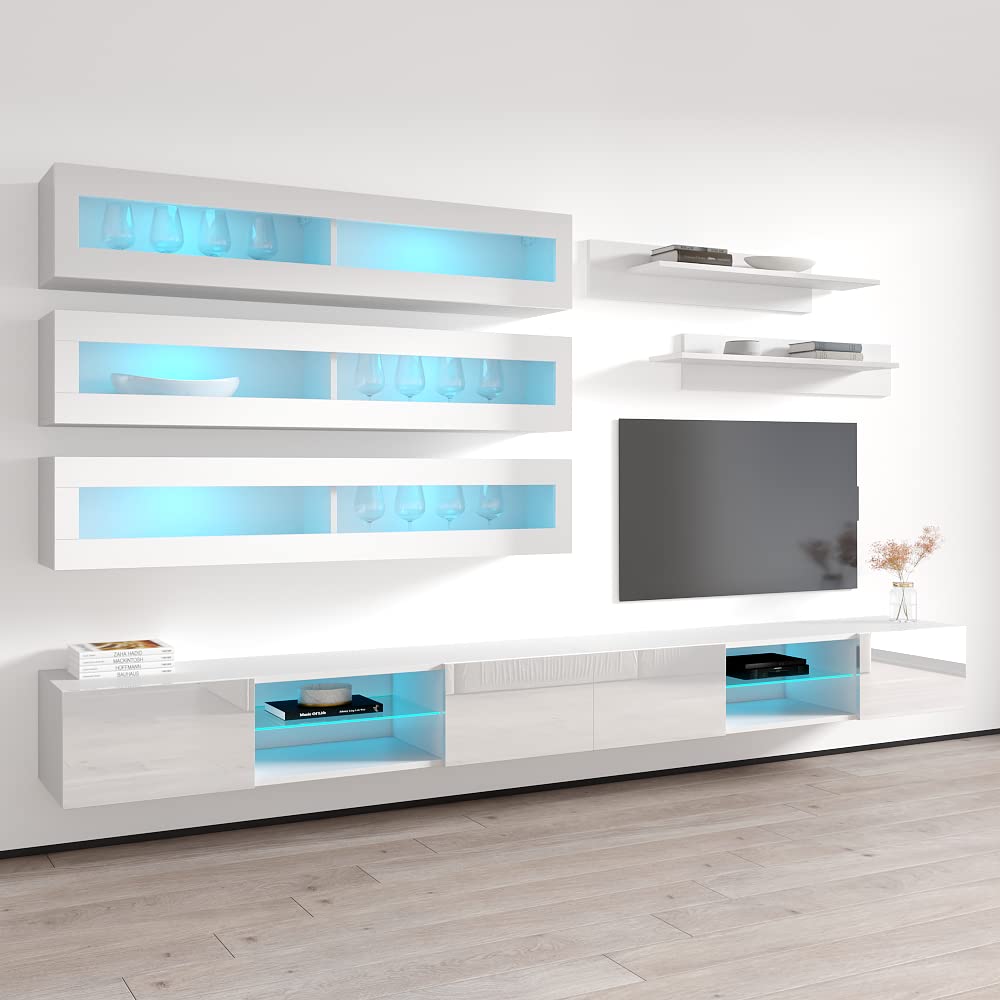 Modern White Wall-Mounted TV Stand with Storage & LED Lights - Floating Entertainment Center Console for Bedroom & Living Room - Meble Furniture Fly J3 33