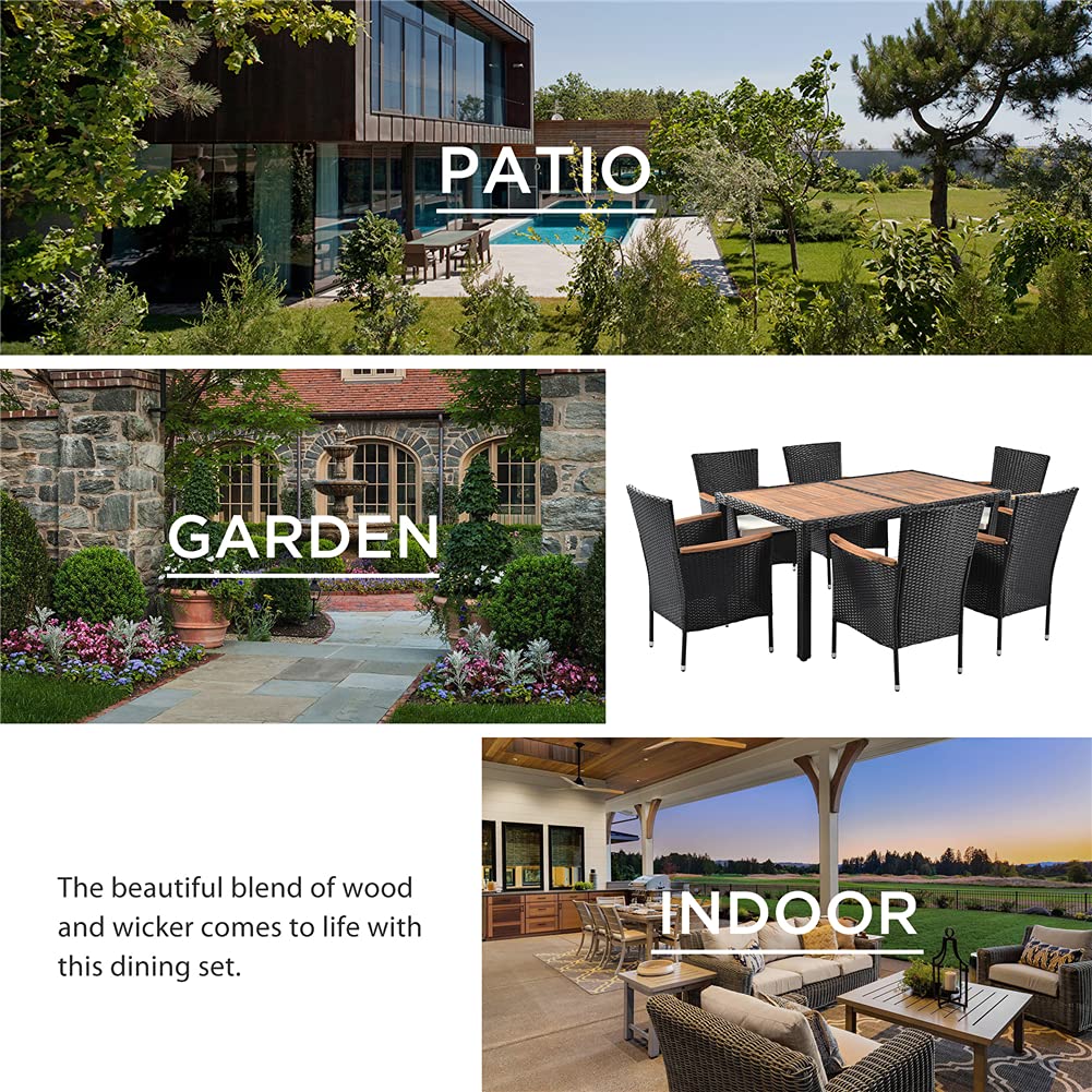7-Piece Outdoor Sectional Conversation Set with Soft Cushions & Acacia Wood Table - Patio Wicker Furniture Set with Stackable Armrest Chairs - Perfect for Backyard, Garden, Poolside & Outdoor Entertaining
