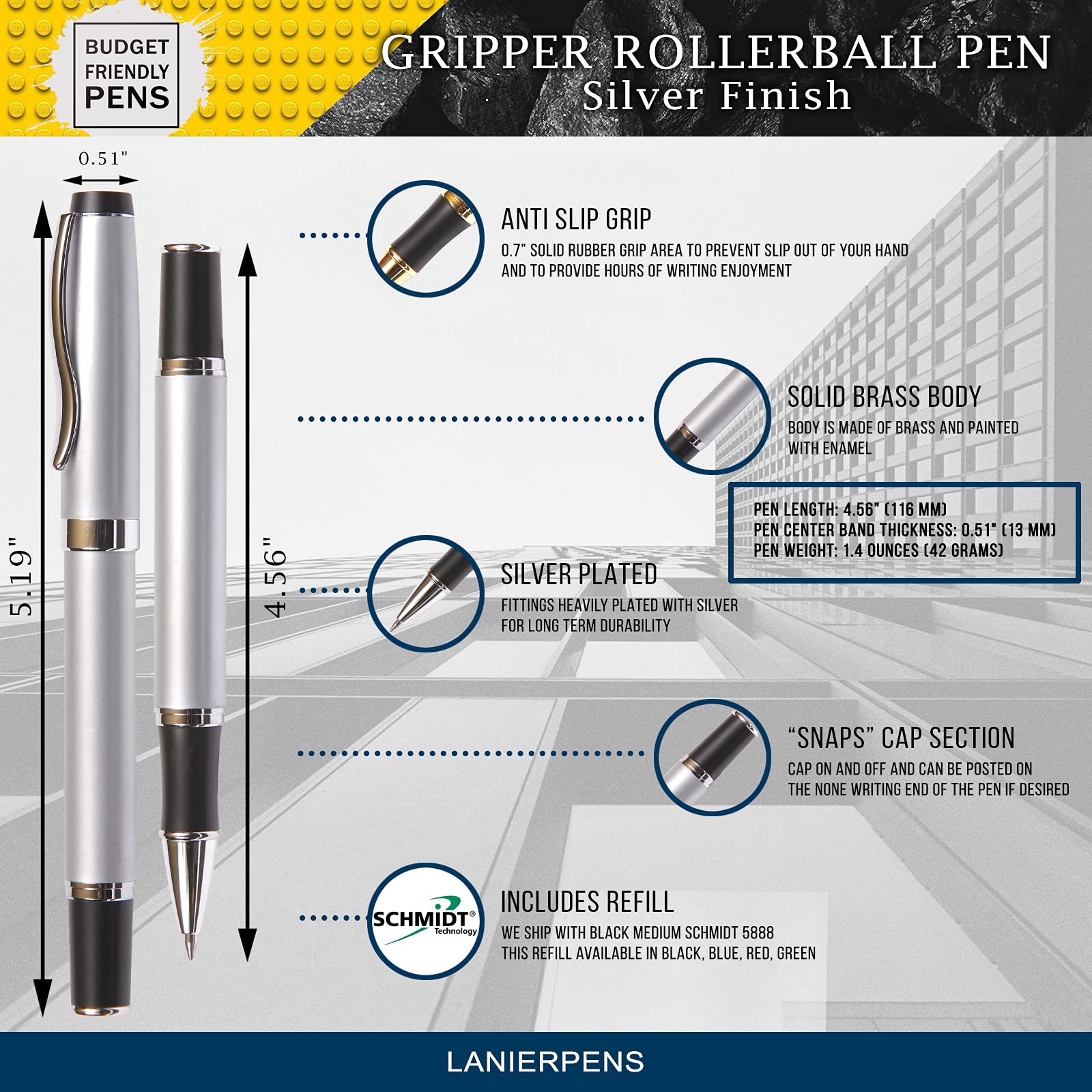 Smooth Writing Silver Gripper Roller Ball Pen - Comfort Grip for Office, School & Note Taking - Premium Ink Refillable Ballpoint Pen for Everyday Use