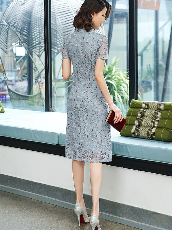 Elegant Floral Lace A-Line Midi Cheongsam Dress | Vintage Chinese Qipao Style | Perfect for Weddings, Parties & Special Occasions