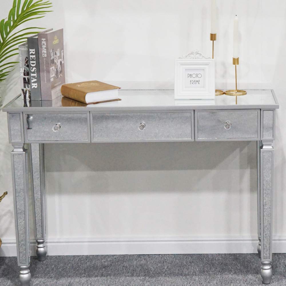 Mirrored Console Table with 3 Drawers - Silver Sofa Side Table for Living Room & Bedroom