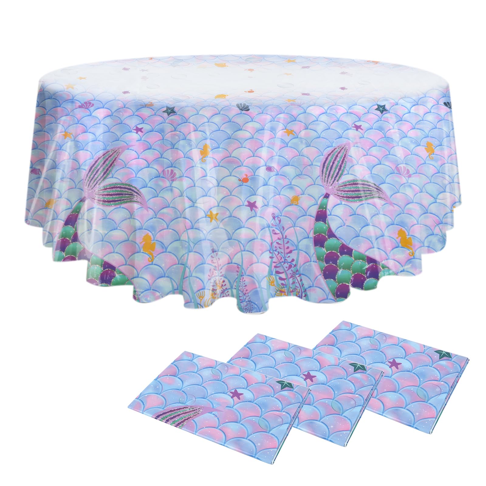 3 Pack Mermaid Baby Shower Tablecloths - 70 Inch Round Plastic Table Covers for Baby Shower Party Decorations, Gender Reveal & Birthday Celebrations - Waterproof & Disposable for Easy Cleanup