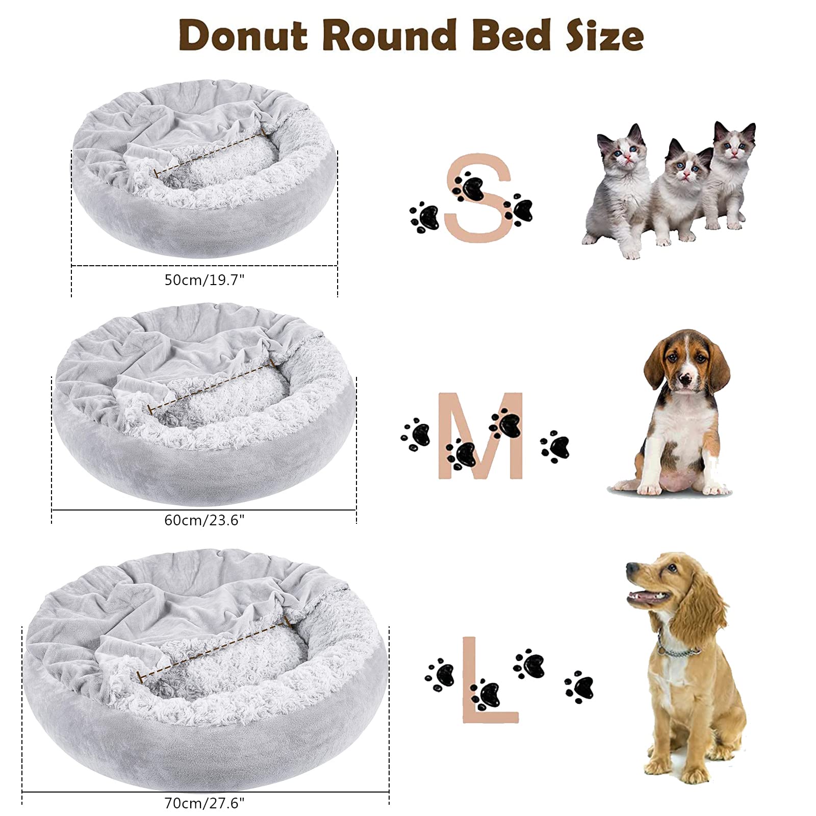 Soft Plush Round Cat Bed with Hooded Cave & Non-Skid Bottom - Machine Washable Donut Dog Bed for Small Pets - Cozy Puppy Cushion Mat for Indoor Napping & Burrowing